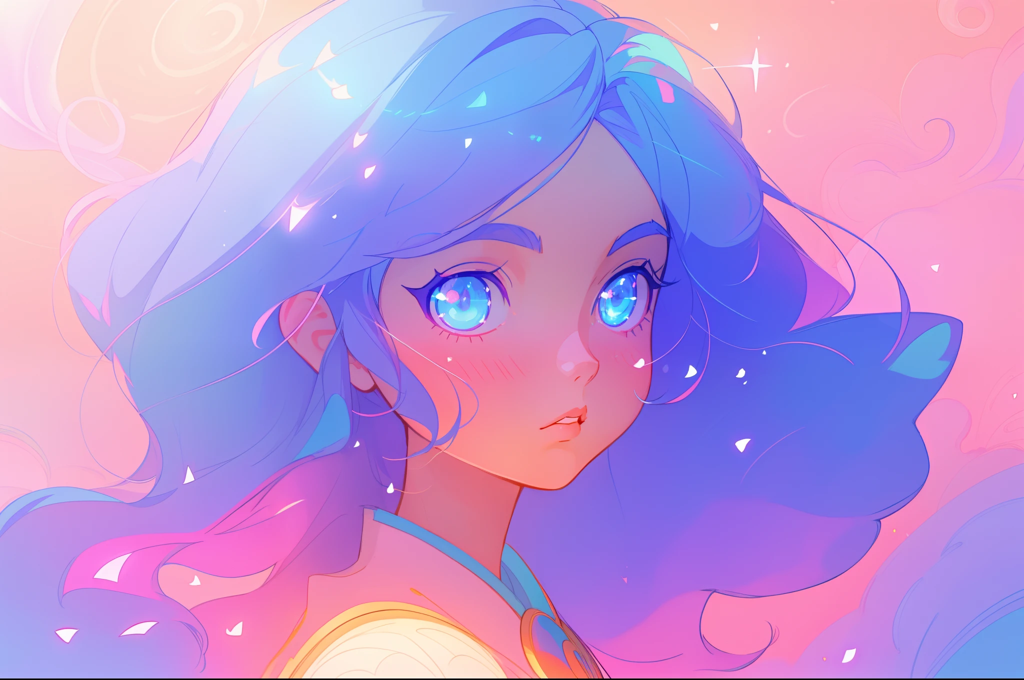 anime, beautiful girl portrait, glowing ethereal hair, anime girl with cosmic hair, beautiful young wind spirit, beautiful anime art style, beautiful digital illustration, inspired by Glen Keane, inspired by Lois van Baarle, disney art style, glowing aura around her, jen bartel, glowing lights, (masterpiece, best quality), sharp focus, 8k resolution, intricate detail, highly detailed, swirling lines of light, magical lights, whimsical, magical, fantasia background, pastel colors, beautiful girl, golden ratio, perfection, beautiful face, sparkling detailed eyes