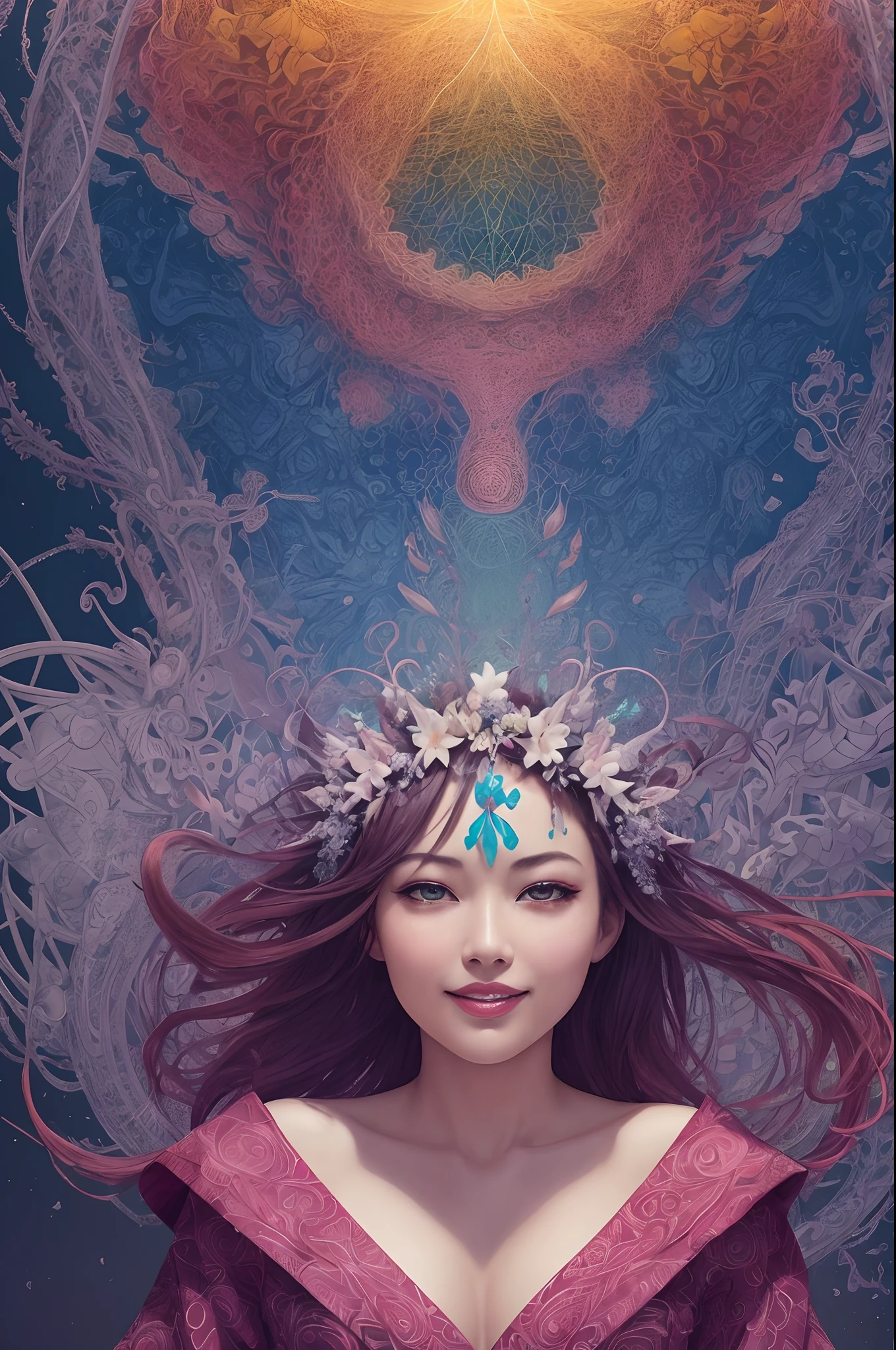 Rainbow Colors theme,paper art,masutepiece,3d rendered,ighly detailed, in autumn,1girll, closing eye,ssmile,cabelos preto e longos,lilies, (Zentangle:1.2), (Geometry:1.2),cinematic lighting effect,4K, colourfull, profile、Official art、unity 8k wall paper、ultra-detailliert、Beautifully Aesthetic、masterpiece、top-quality、(Zentangle、a Mandala、Tangles、Tangles)、(Fractal Art:1.3)、One girl、ighly detailed、Dynamic angles、Cowboy Shots、The most beautiful forms chaos、elegent、Brutalist design、Vibrant colors、romantism、James Jean、roby dwi antono、by Ross Tran、Francis Bacon、Michal Muratz、Adrian Guyney、petra cortright、Gerhard Richter、Ashley Wood、Atmosphere、ecstasy musical notes、Streaming music notes are visible、Upper body only、Red kimono、ornate、A smile、Soothing、baby-face、Queen of Fire