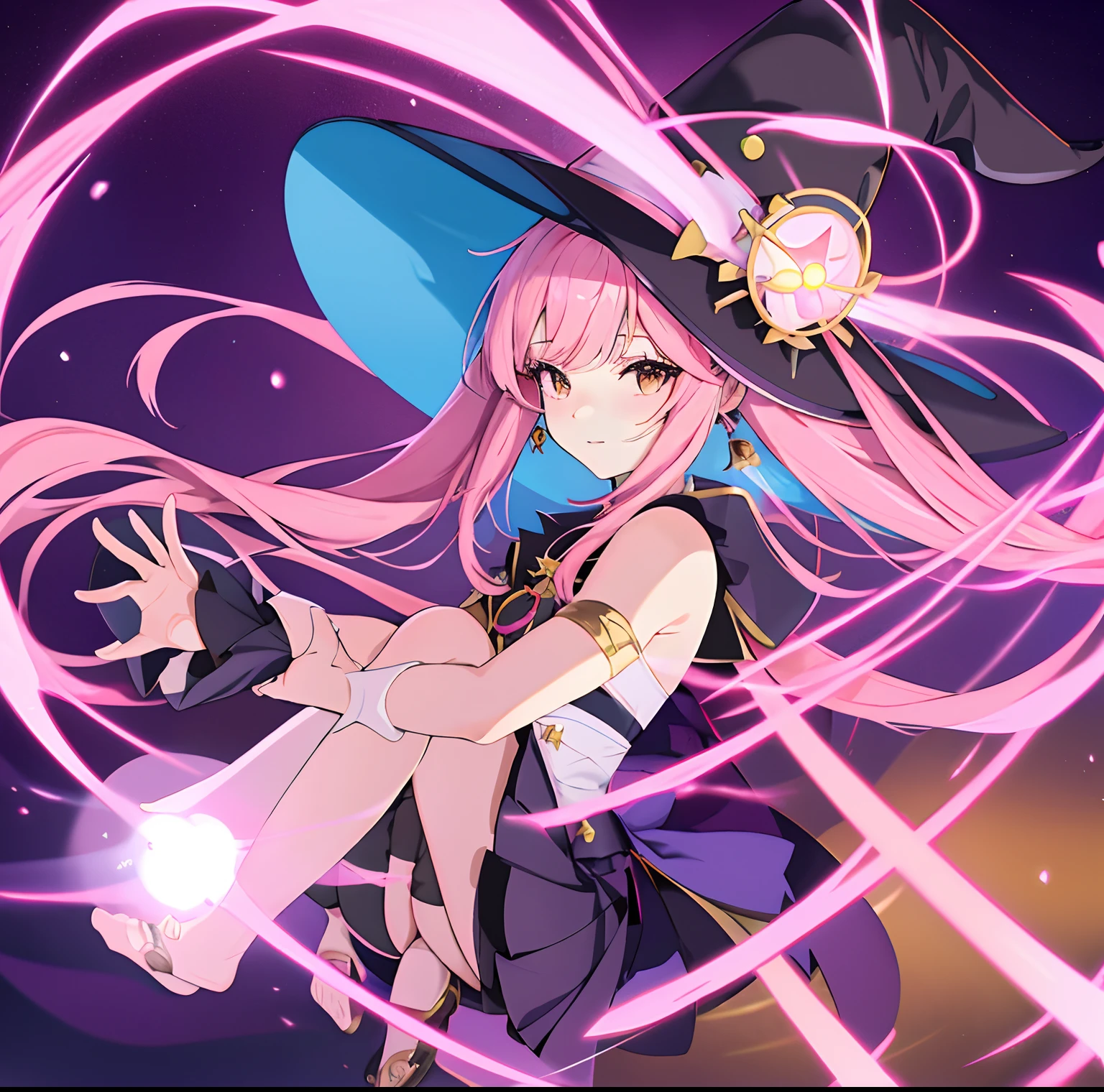 anime girl with light pink hair and a witch hat, ayaka genshin impact, from the Genshin Impact videogame, from Genshin Impact, keqing from genshin impact, characters from Genshin Impact, best anime 4k konachan wallpaper, Genshin Impact style, official character art, beautiful celestial mage, Genshin Impact, Genshin Impact official art, brown eyes, fair skin, pink theme, full body, Witch, Victorian style clothing, magic, witch hat, black and pink witch hat
