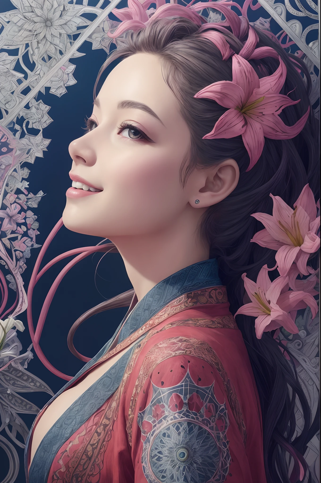 Rainbow Colors theme，paper art，masutepiece，3d rendered，ighly detailed, in autumn，1girll, closing eye，ssmile，cabelos preto e longos，lilies, (Zentangle:1.2), (Geometry:1.2)，cinematic lighting effect，4K, colourfull, profile、Official art、unity 8k wall paper、ultra-detailliert、Beautifully Aesthetic、​masterpiece、top-quality、(Zentangle、a Mandala、Tangles、Tangles)、(Fractal Art:1.3)、One girl、ighly detailed、Dynamic angles、Cowboy Shots、The most beautiful forms chaos、elegent、Brutalist design、Vibrant colors、romantism、James Jean、roby dwi antono、by Ross Tran、Francis Bacon、Michal Muratz、Adrian Guyney、petra cortright、Gerhard Richter、Ashley Wood、Atmosphere、ecstasy musical notes、Streaming music notes are visible、Upper body only、Red kimono、ornate、A smile、Soothing、-faceen of Fire