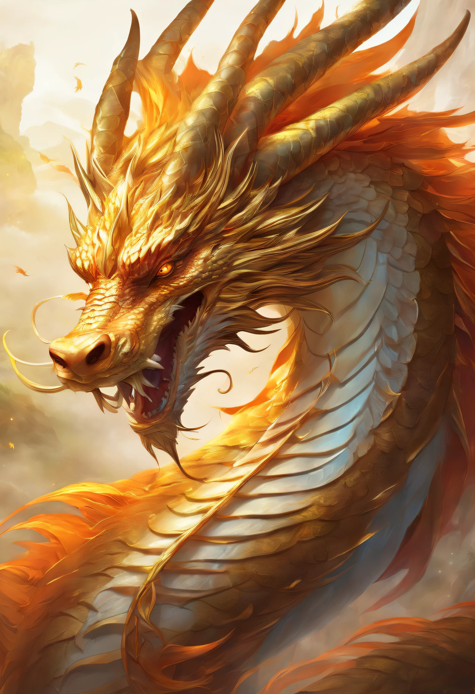"Generate a highly detailed and realistic image of a Chinese dragon in dark gold color, set against a vibrant and mystical background. Emphasize the following five key elements: serpentine body, majestic horns, flowing whiskers, vibrant scales, and fiery pearl. The dragon's serpentine body should be sinuous and graceful. The majestic horns should curve gracefully upward. The flowing whiskers should add to its wisdom and age. The vibrant scales should shimmer with intricate patterns. The fiery pearl should emit a warm and captivating glow. The background should evoke a sense of ancient Chinese mythology and mystery, with elements of clouds, mist, and celestial motifs enhancing the dragon's presence."