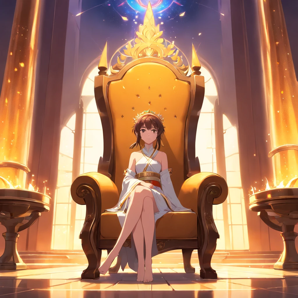 Solo, Adult woman, royal, royalty, amber eyes, (brunette, long wavy, fluffy: 1.0), throne room, fantasy, sitting on throne