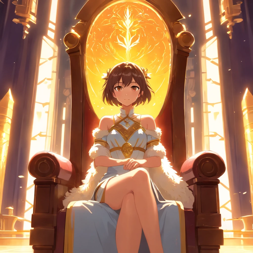Solo, Adult woman, royal, royalty, amber eyes, (brunette, long wavy, fluffy: 1.0), throne room, fantasy, sitting on throne