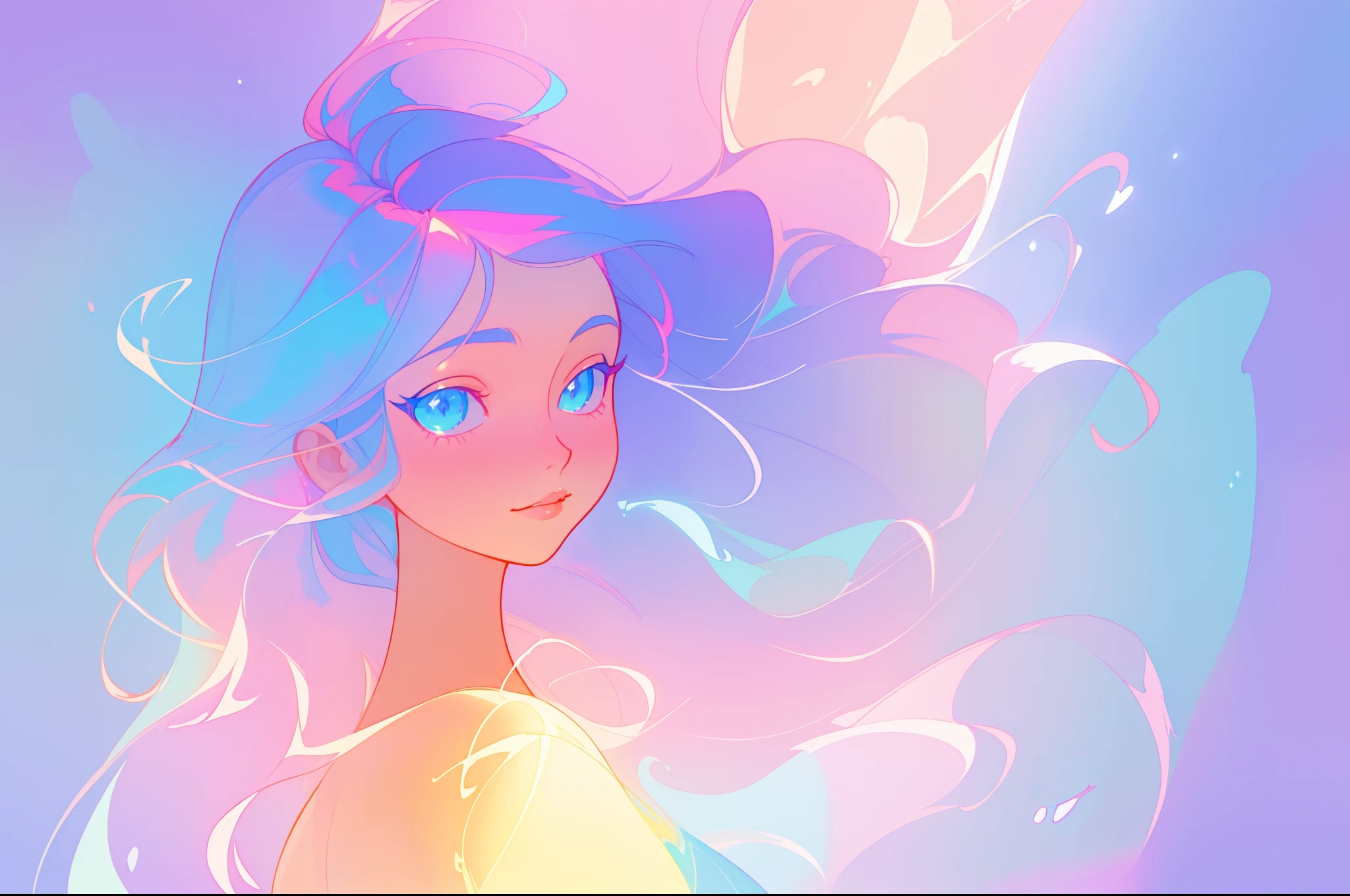 beautiful anime girl, portrait, vibrant pastel colors, (colorful), magical lights, long flowing colorful hair, inspired by Glen Keane, inspired by Lois van Baarle, disney art style, by Lois van Baarle, glowing aura around her, by Glen Keane, jen bartel, glowing lights! digital painting, flowing glowing hair, glowing flowing hair, beautiful digital illustration, fantasia background, whimsical, magical, fantasy, beautiful face, ((masterpiece, best quality)), intricate details, highly detailed, sharp focus, 8k resolution, sparkling detailed eyes, liquid watercolor