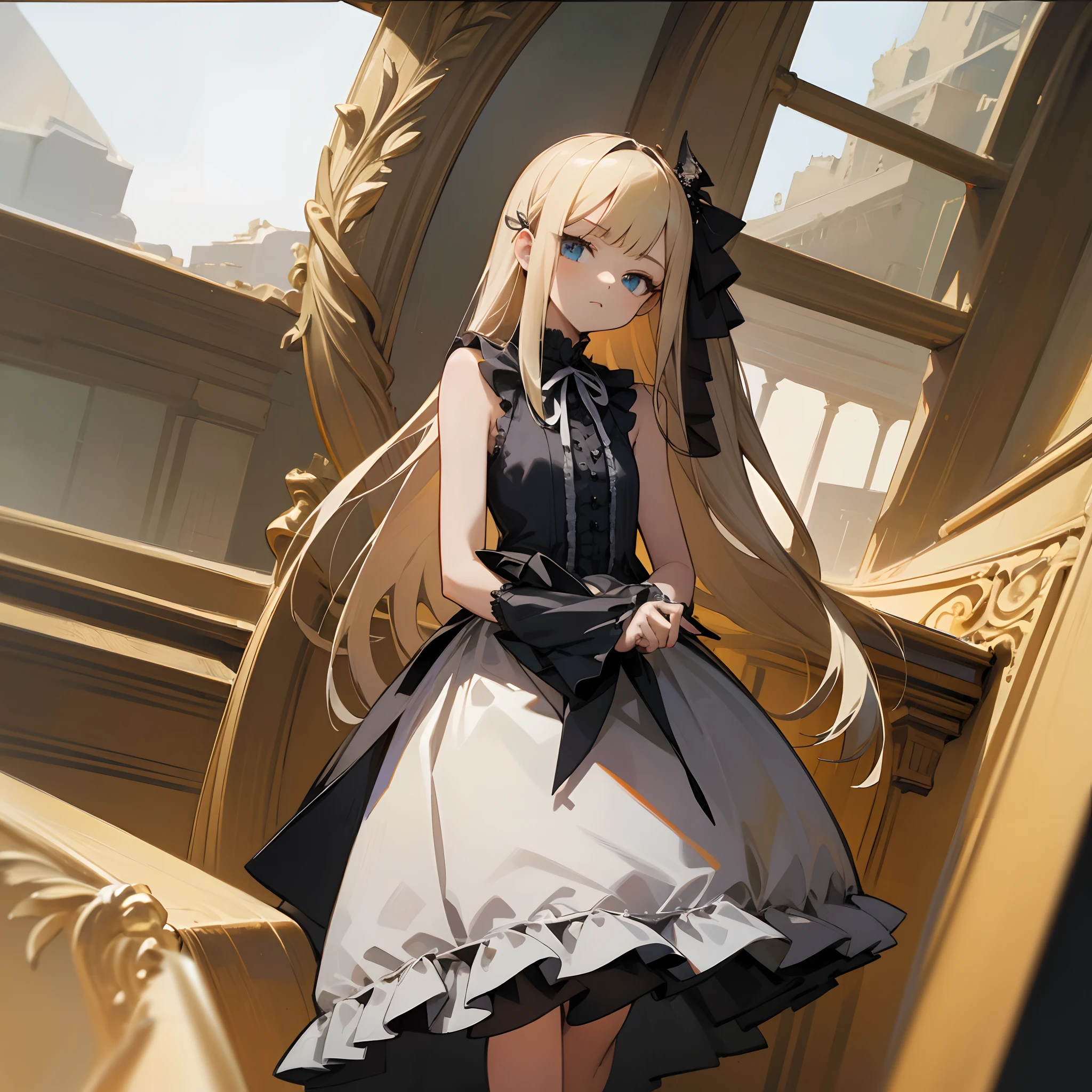 Reines, 1girl, high quality, best quality, illustration, masterpiece, (highly detailed:1.2), (extremely detailed:1.3), flat chest, sleeveless, gothic lolita, young girl, white dress, looking at viewers, short skirt, white, string ribbon