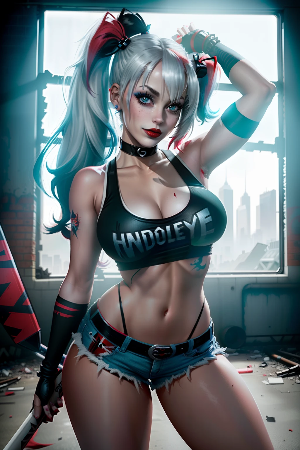 ((Harley quinn from batman comic series)) (beautiful face)(glowing eyes)(red lips) ((long twin tails hairstyle with side bangs))) ((very huge breasts) (perfect slim body) (wears white ripped tank top, low cut short pants)) (gloves, choker, black net stocking),((hold baseball bat on hand))(posing sexy on abandoned factory)), (high definition, amazing lights and shadows) ((masterpiece)) (8k) (perfect face) (best quality) (perfect hands, eyes, and face)