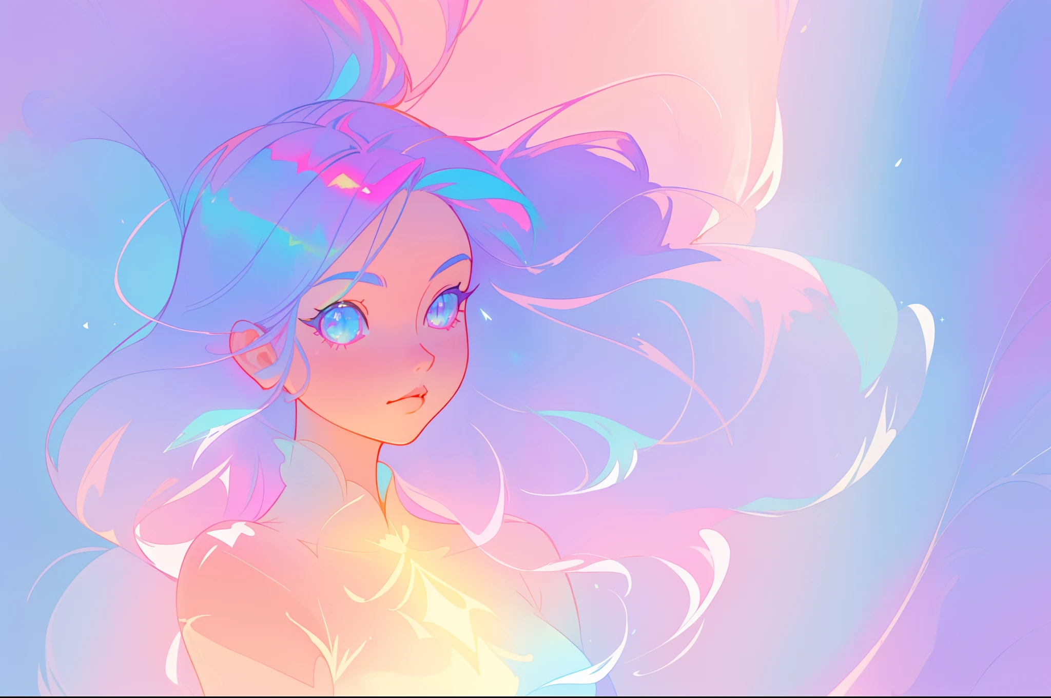 beautiful anime girl, portrait, vibrant pastel colors, (colorful), magical lights, long flowing colorful hair, inspired by Glen Keane, inspired by Lois van Baarle, disney art style, by Lois van Baarle, glowing aura around her, by Glen Keane, jen bartel, glowing lights! digital painting, flowing glowing hair, glowing flowing hair, beautiful digital illustration, fantasia background, whimsical, magical, fantasy, beautiful face, ((masterpiece, best quality)), intricate details, highly detailed, sharp focus, 8k resolution, sparkling detailed eyes, liquid watercolor