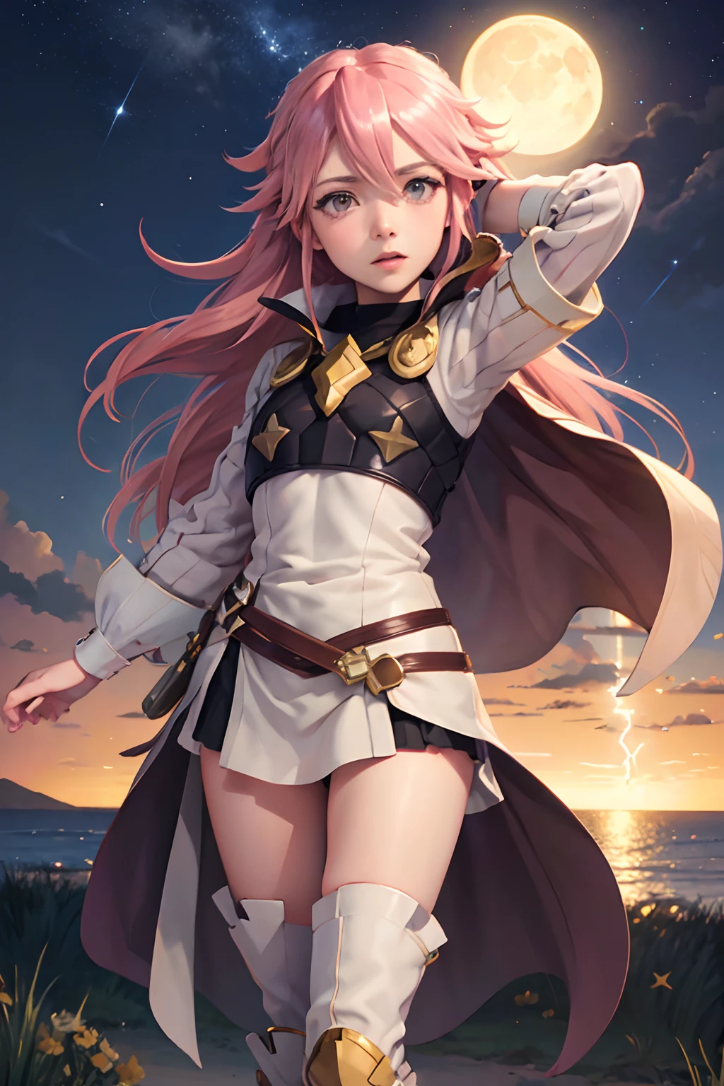 (Soleil from Fire Emblem) (fierce expression) (full body) (heroine pose) (high quality) (night background) (a moon and stars in the background) (perfect lightning)