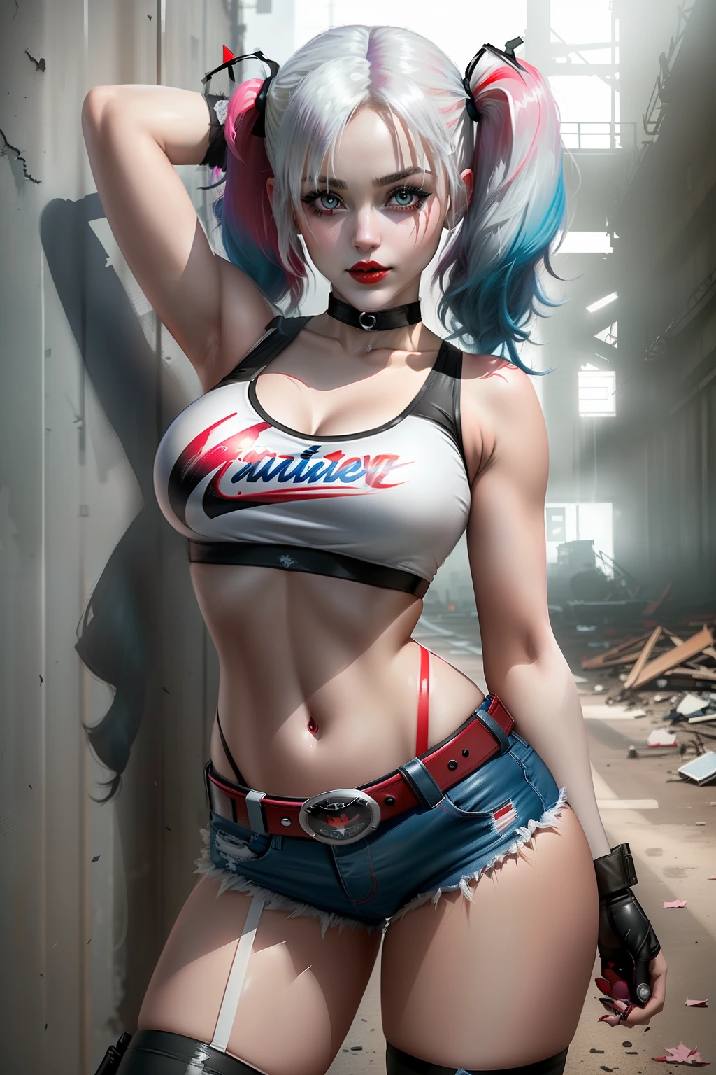 ((Harley quinn from batman comic series)) (beautiful face)(glowing eyes)(red lips) ((long twin tails hairstyle with side bangs)) (very pale skin) ((very huge breasts) (perfect slim body) (wears white ripped tank top, low cut short pants)) (gloves, belt, choker, black net stocking),((hold baseball bat on hand))(posing sexy on abandoned factory)), (high definition, amazing lights and shadows) ((masterpiece)) (8k) (perfect face) (best quality) (perfect hands, eyes, and face)