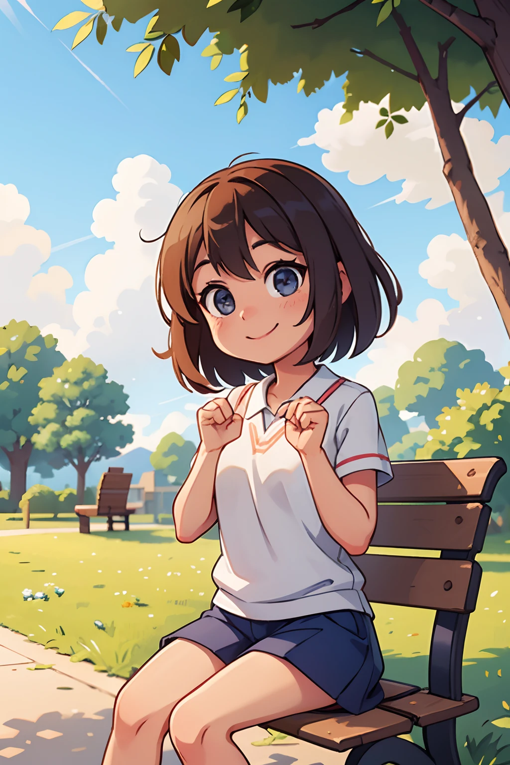 longshot、Cute girl smile、closing eye、Put your hands forward、Keep your palms facing up、Open your fingers、Sitting on a bench in a summer park