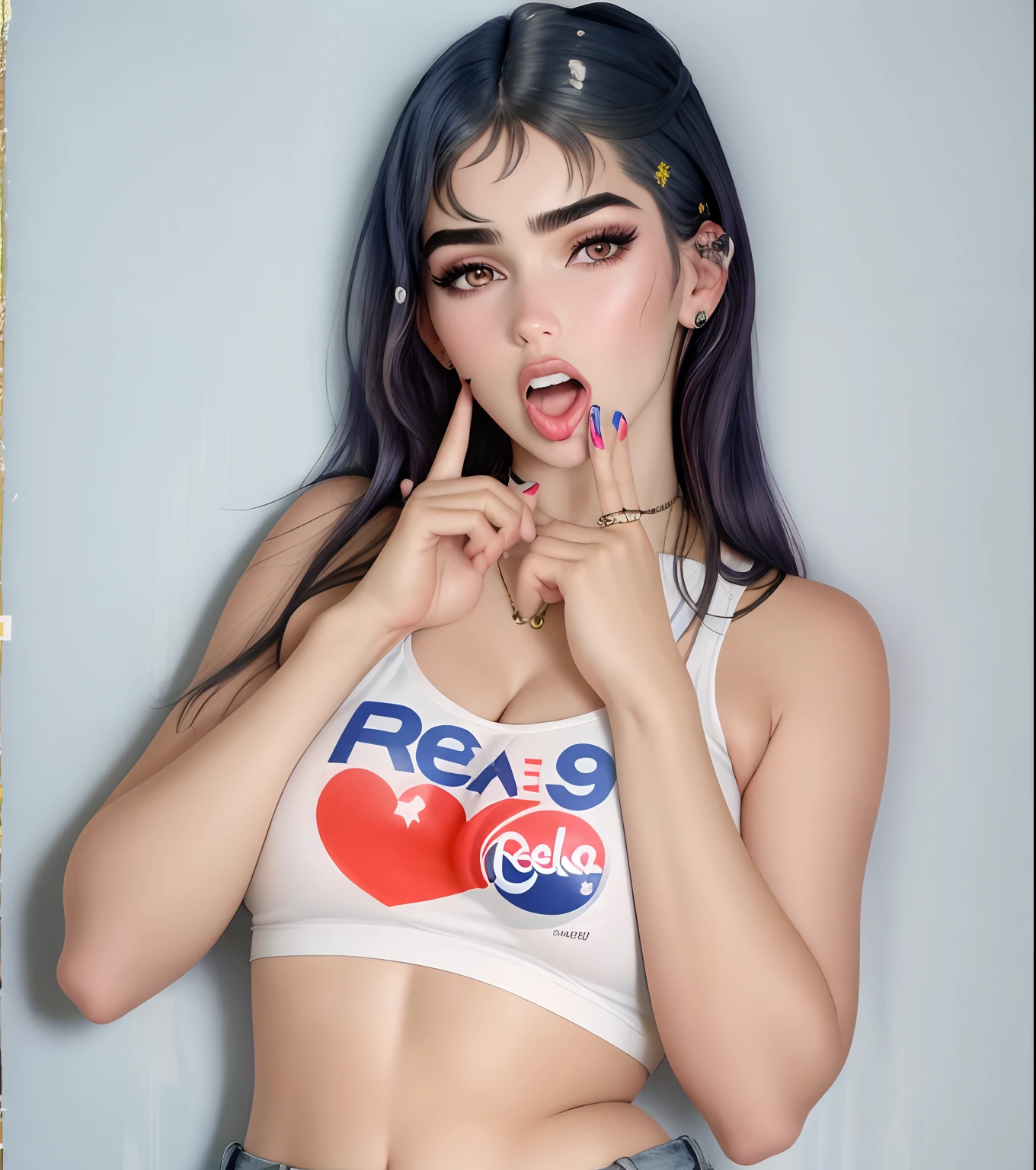 mujer araffed haciendo una cara divertida con su lengua, Pepsi, Llevar un sexy top recortado, Foto de Slim Girl Model, Dua Lipa, Modelo de Instagram, 2 4 year old female model, Al estilo de Terry Richardson, Usar una camiseta sin mangas, Staring Sofia Vergara Screaming, Se parece a Ebru Sahin, Photography of the 90s, lengua fuera