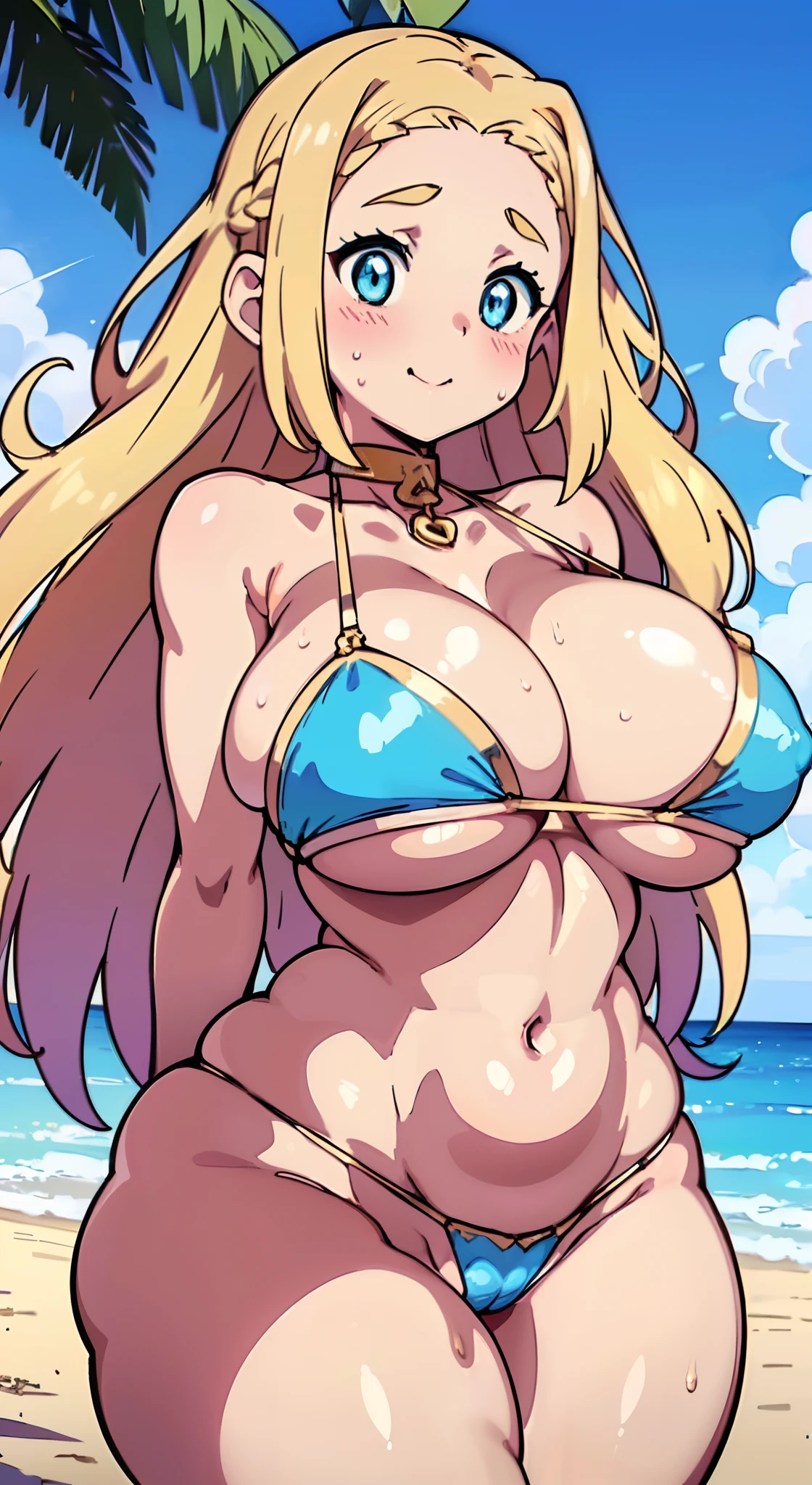 (Perfect body),Best Quality, K、NSFW、blush、A smile、(((Surprised)))、embarrassed from,((Semi-long hair))、(Forehead)、waved hair、(fatness)、(((Blue eyes))),((Blonde hair)),(Sweat)、(Gold decoration)、Light blue bikini、((Big ass))、(((((Big breasts)))))、(((thick thighs)))、((Put your arms on your chest))、kneeking、the beach