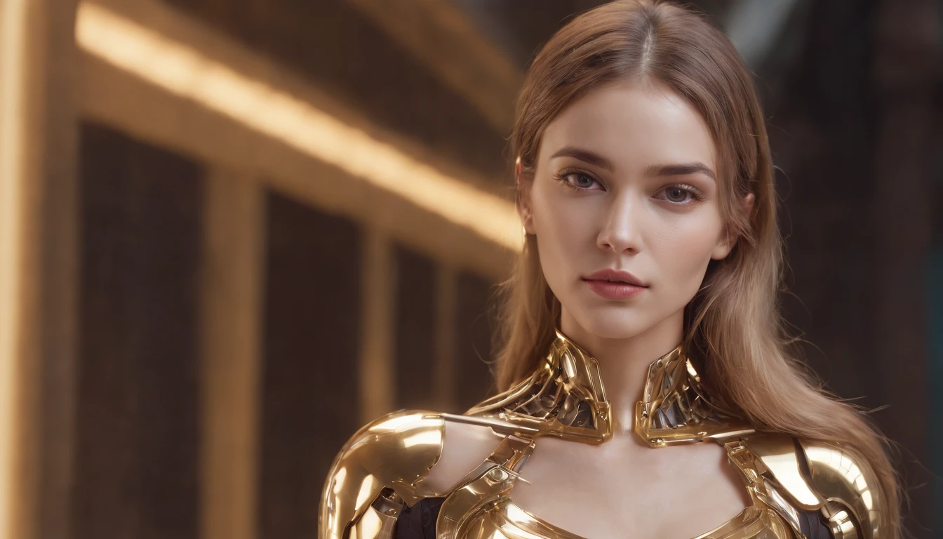 Translucent mechanical girl in fine gold color, Chica futurista, Mechanical joint, Fondo urbano futurista, Estilo modelshoot, (fondo de pantalla CG Unity 8k altamente detallado), Belleza de estilo abstracto,, surrealismo, 8k, Super detailed, La mejor calidad, premiado, Anatomically correct, 16k, Altamente detallado