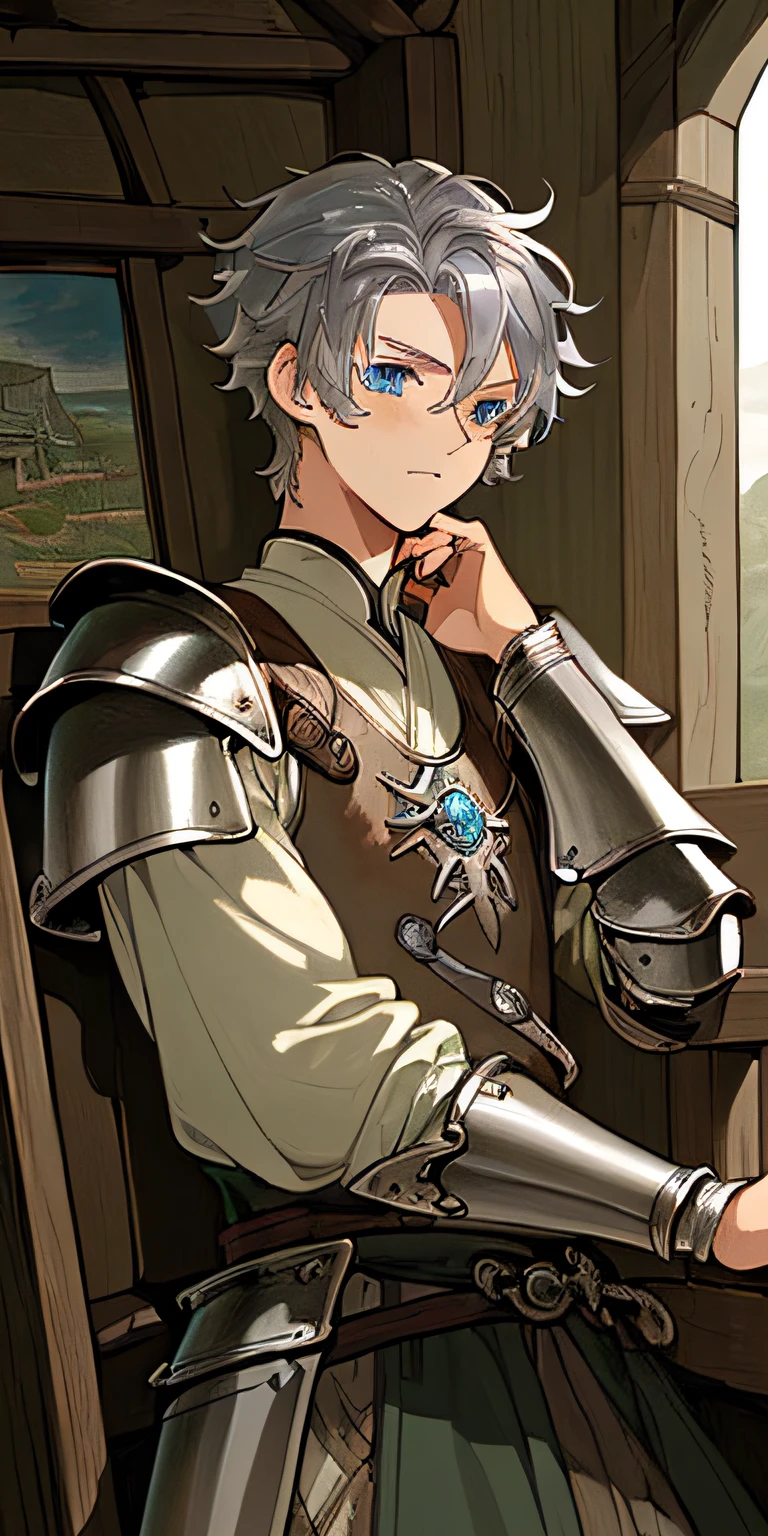 (((masterpiece))), (((best quality))), ((ultra-detailed)), (highly detailed CG illustration), Environmental detail, silver hair, blue eyes, 1boy, adventurer, farmer clothing, armor, swordsman, hero, medieval era, young, anime style, driving a merchant carriage, plain looking, 17 years old