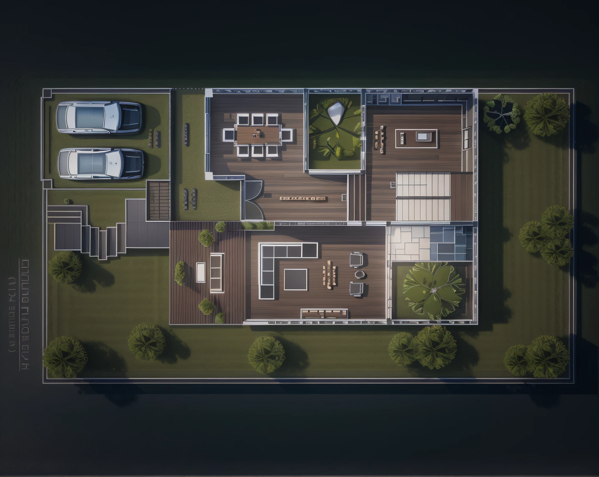 photo realistic, hd high res ultra high quality top view plan 3d modern villa,garage,bed,kitchen,deck,green lawn,trees,interior tiles, auto cad floor plan drawing, perfect composition, beautiful detailed intricate insanely detailed octane render trending on artstation, 8 k artistic photography, photo realistic concept art, soft natural volumetric cinematic perfect light, chiaroscuro, award - winning photograph, masterpiece, 2d rendering, top view plan,realistic,hyper realistic,intricate detals,hd details,128k,