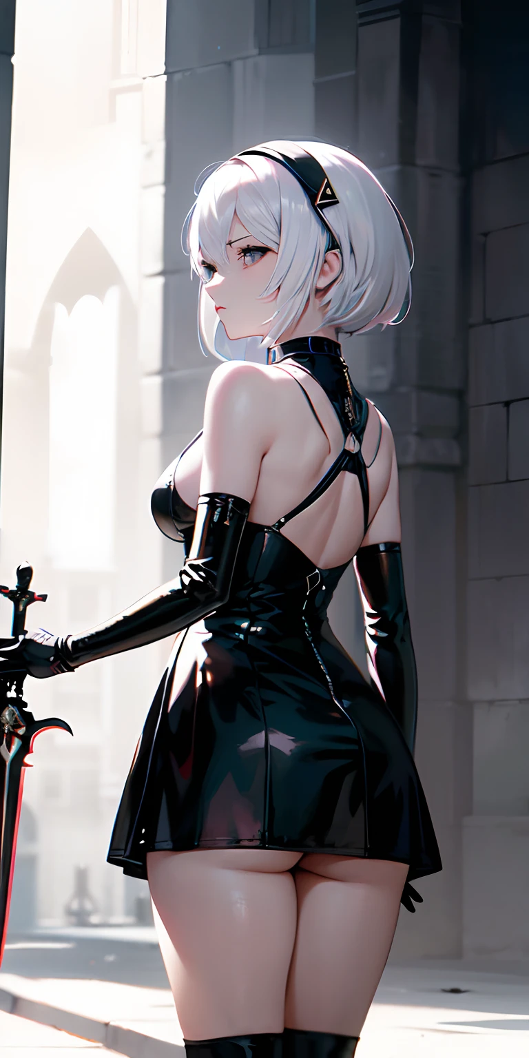 A woman in a black dress holds a sword, Rogue anime girl Ayanami King, inspired by Li Chevalier, Pin in anime, perfect white hair girl, Girl with short white hair, White hair, "Beautiful anime woman, 2b nier automata, White hair, cyborg - girl with silver hair, perfect android girl, Cyberpunk Style