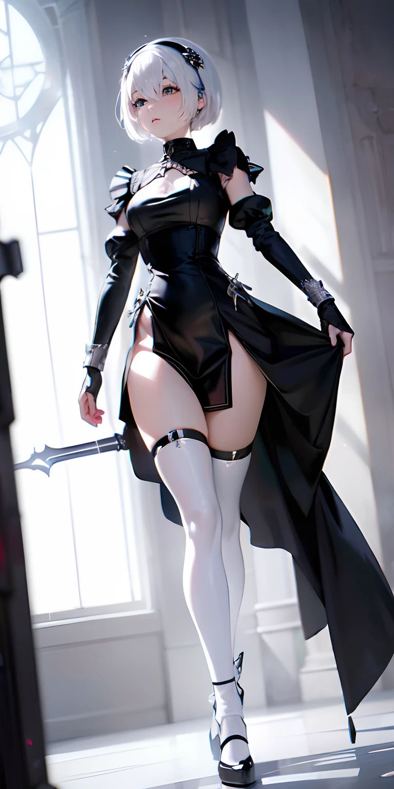 A woman in a black dress holds a sword, Rogue anime girl Ayanami King, inspired by Li Chevalier, Pin in anime, perfect white hair girl, Girl with short white hair, White hair, "Beautiful anime woman, 2b nier automata, White hair, cyborg - girl with silver hair, perfect android girl, Cyberpunk Style