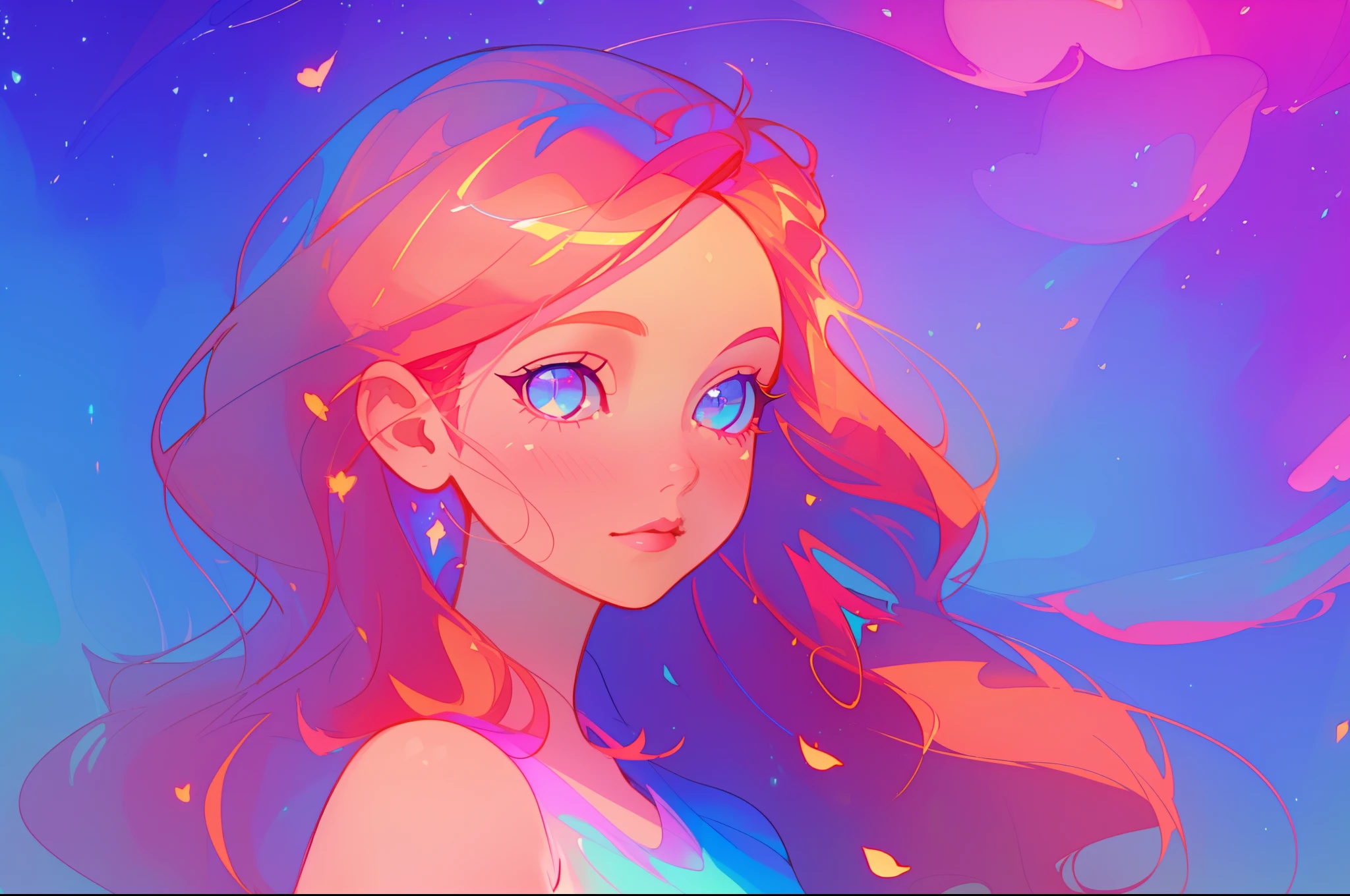 beautiful girl portrait, vibrant pastel colors, (colorful), magical lights, long flowing red hair, inspired by Glen Keane, inspired by Lois van Baarle, disney art style, by Lois van Baarle, glowing aura around her, by Glen Keane, jen bartel, glowing lights! digital painting, flowing glowing hair, glowing flowing hair, beautiful digital illustration, fantasia background, whimsical, magical, fantasy, beautiful face, ((masterpiece, best quality)), intricate details, highly detailed, sharp focus, 8k resolution, sparkling detailed eyes, liquid watercolor, golden ratio, flowers in her hair