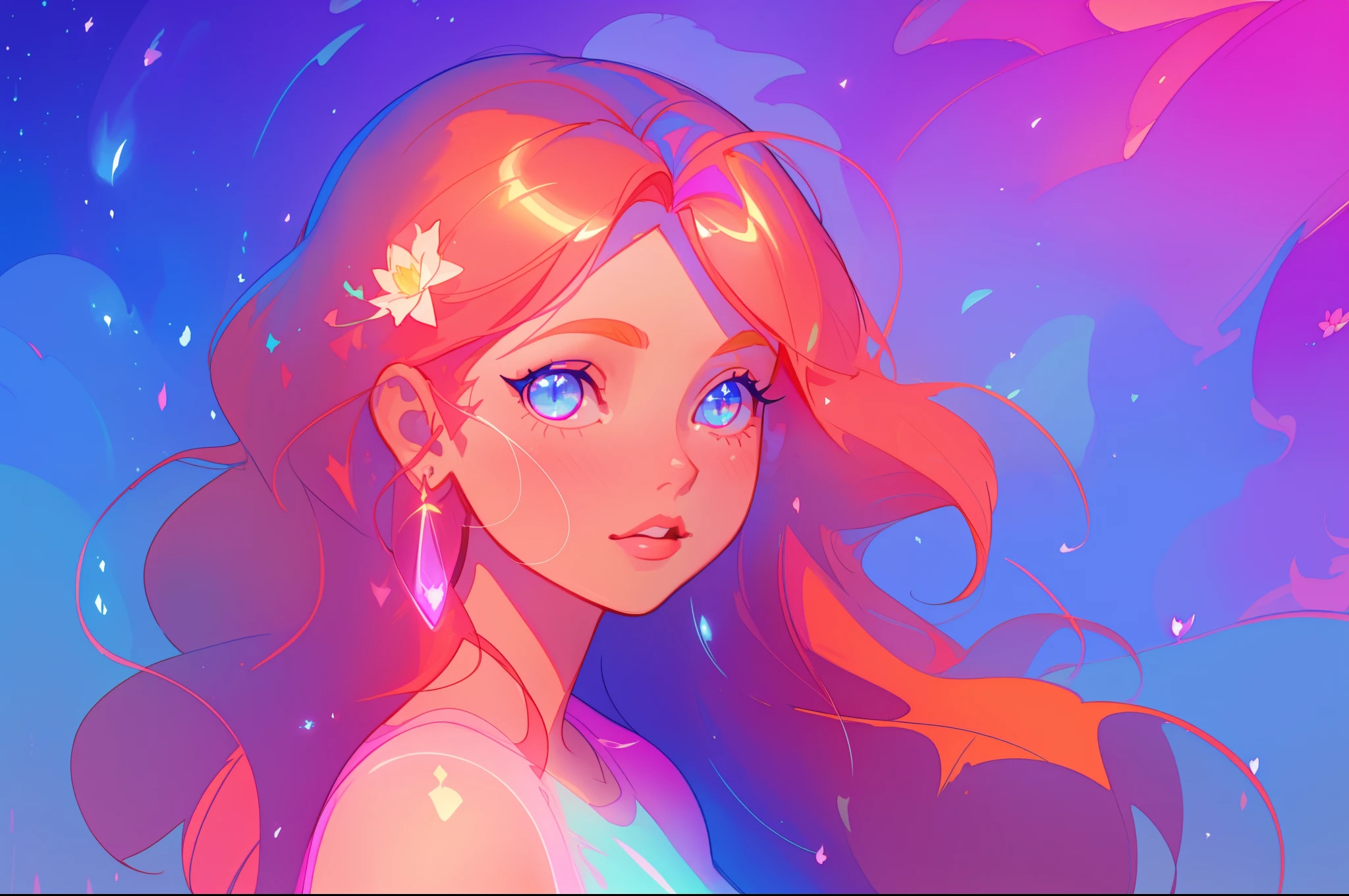 beautiful girl portrait, vibrant pastel colors, (colorful), magical lights, long flowing red hair, inspired by Glen Keane, inspired by Lois van Baarle, disney art style, by Lois van Baarle, glowing aura around her, by Glen Keane, jen bartel, glowing lights! digital painting, flowing glowing hair, glowing flowing hair, beautiful digital illustration, fantasia background, whimsical, magical, fantasy, beautiful face, ((masterpiece, best quality)), intricate details, highly detailed, sharp focus, 8k resolution, sparkling detailed eyes, liquid watercolor, golden ratio, flowers in her hair