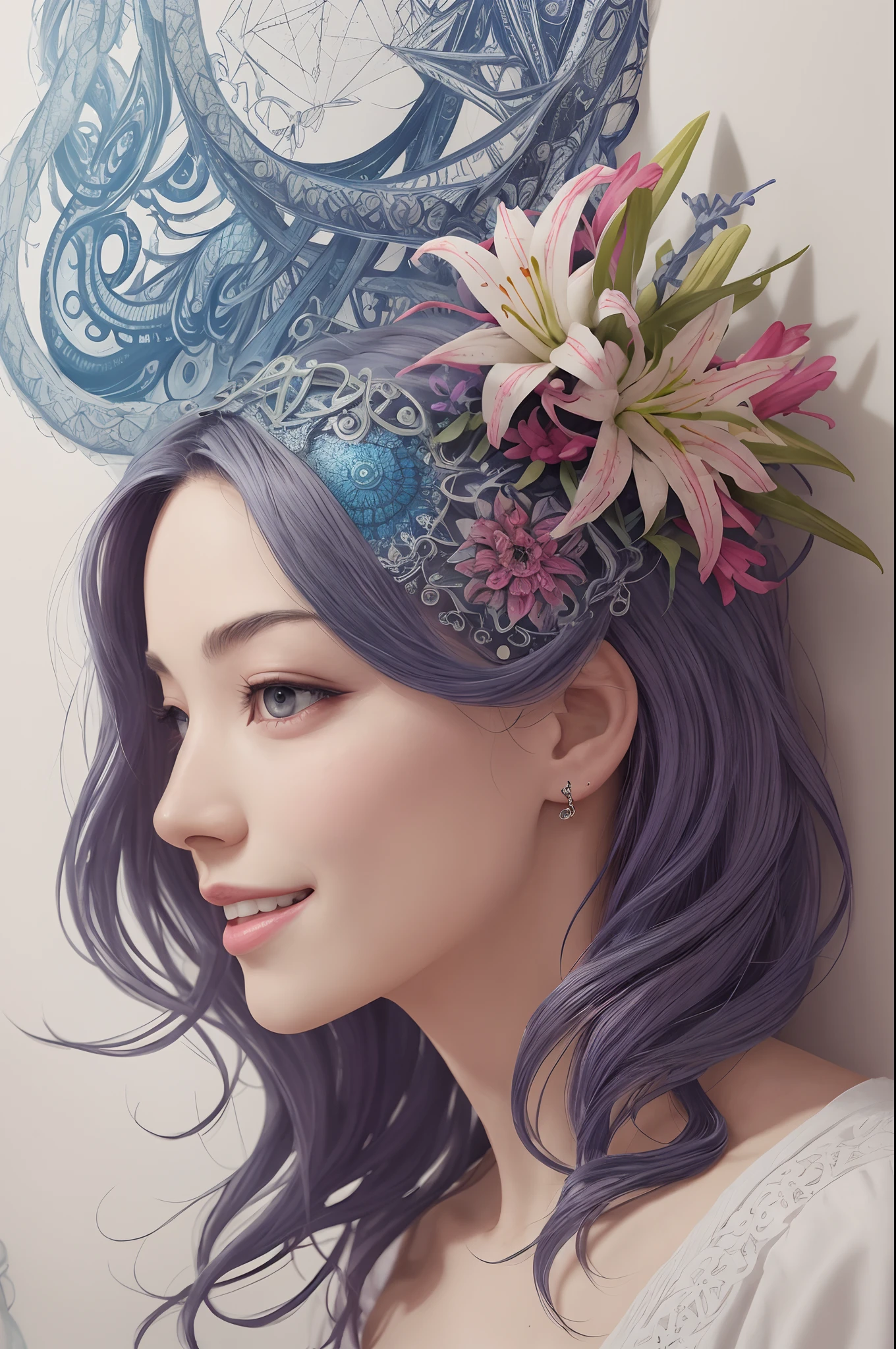 Rainbow Colors theme,paper art,masutepiece,3d rendered,ighly detailed, in autumn,1girll, closing eye,ssmile,cabelos preto e longos,lilies, (Zentangle:1.2), (Geometry:1.2),cinematic lighting effect,4K, colourfull, profile、Official art、unity 8k wall paper、ultra-detailliert、Beautifully Aesthetic、masterpiece、top-quality、(Zentangle、a Mandala、Tangles、Tangles)、(Fractal Art:1.3)、One girl、ighly detailed、Dynamic angles、Cowboy Shots、The most beautiful forms chaos、elegent、Brutalist design、Vibrant colors、romantism、James Jean、roby dwi antono、by Ross Tran、Francis Bacon、Michal Muratz、Adrian Guyney、petra cortright、Gerhard Richter、Ashley Wood、Atmosphere、??????? musical notes、Streaming music notes are visible、Upper body only、Red kimono、ornate、A smile、Soothing、baby-face、Queen of Fire