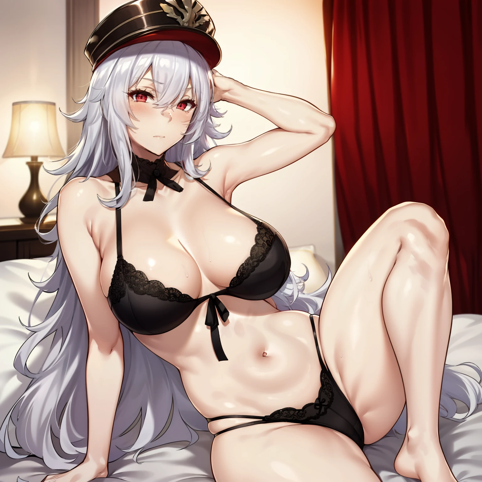 1girl,big breasts,hotel room,bed,(8k),
,detailed face,white hair,red eyes,long hair,embarassed,shy,high_res, high_definition,battlefield,sexy pose,black sexy lingerie,legs open,military hat,