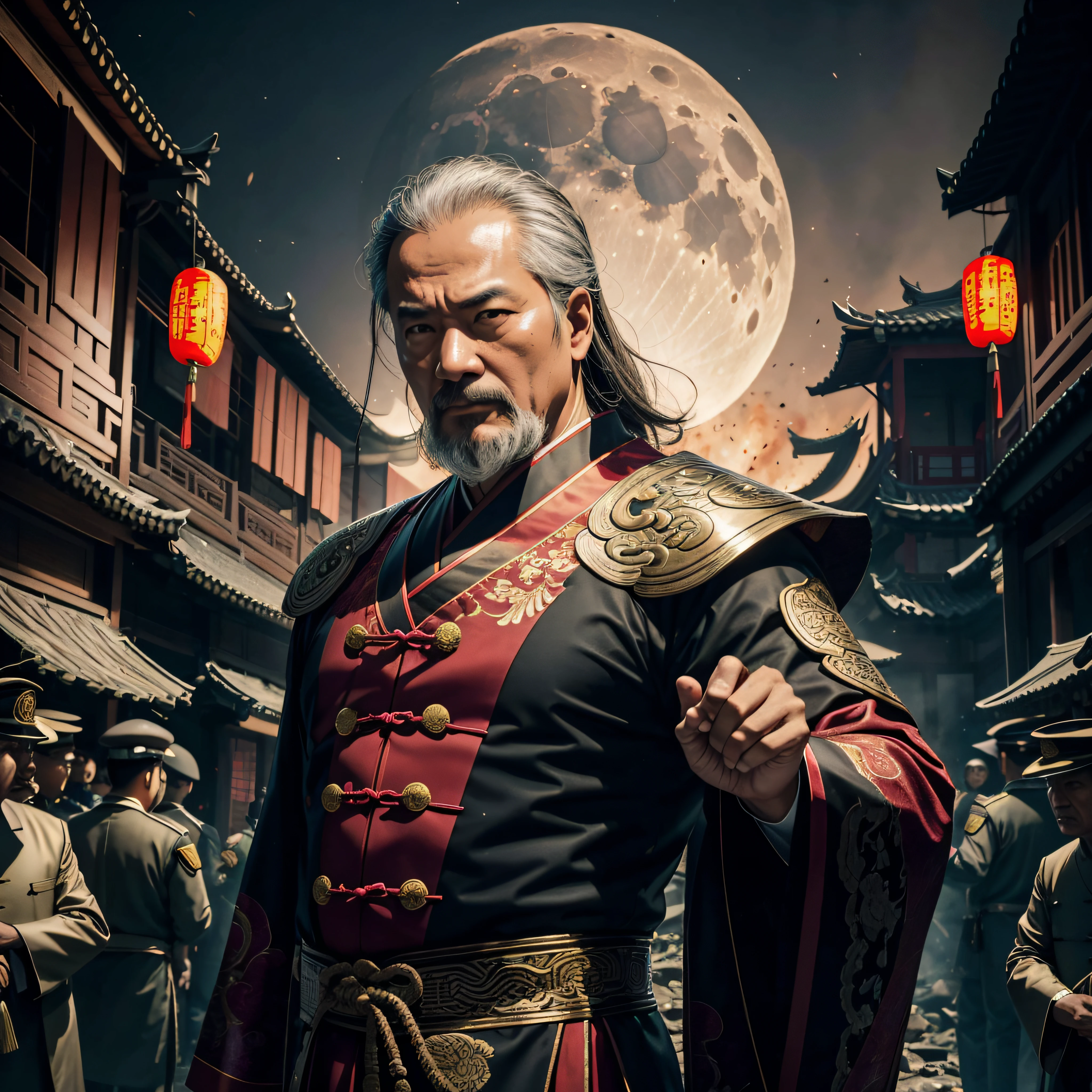 the night,Middle-aged man in Chinese clothing,The expression is fierce,Detailed facial details,Decisive hand movements,Magic halo light,Light of the spell,shadow magic,In the background is a dilapidated Chinese courtyard,There were explosions everywhere,火焰,Panicked crowd,Surrounded by soldiers,themoon,Ultra Luxo,super-fine,Ultra HD ultra high resolution,32K