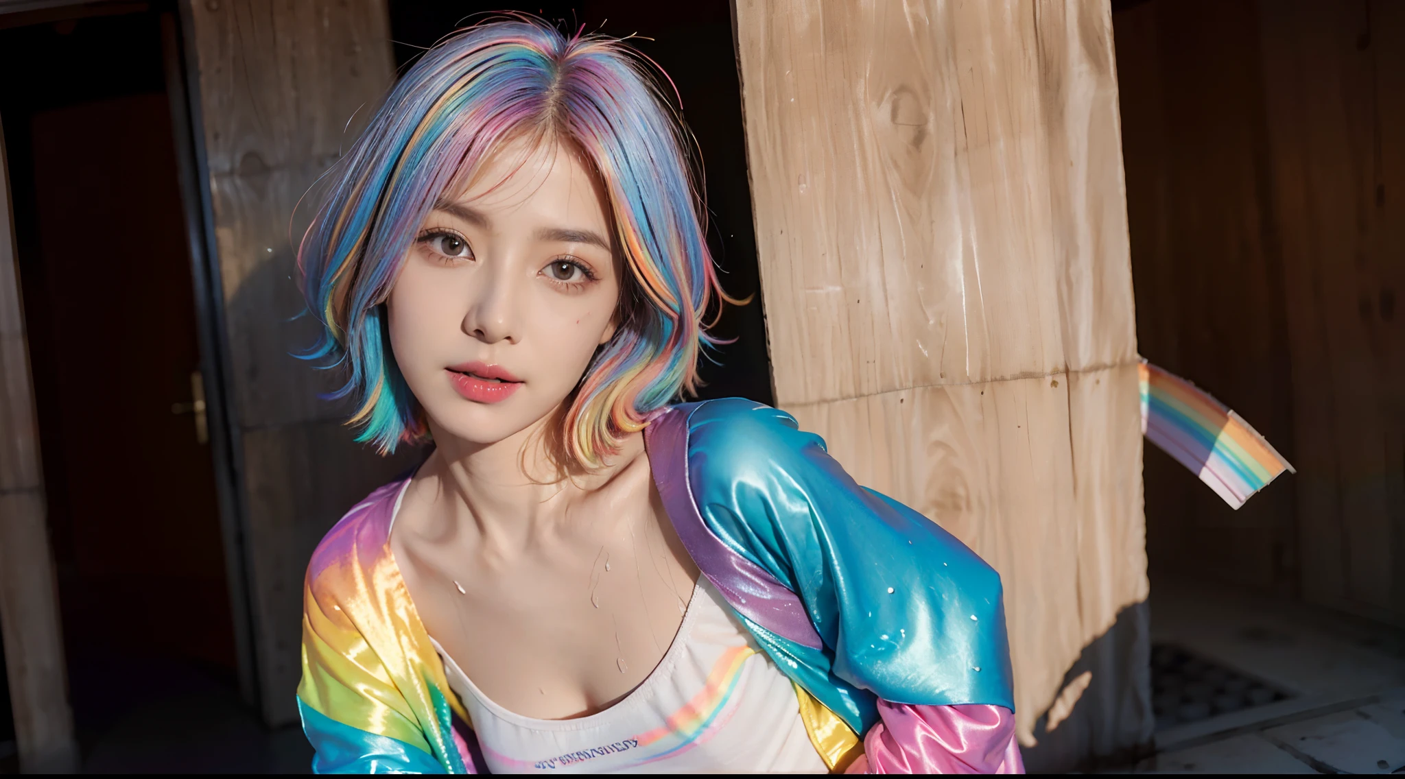 (Small underboob,small heads)), (perfect bodies: 1.1), (shoulder length straight short hair:1.0),(Rainbow colored hair:1.5),attractive collarbone，（极其细致的CG 8k壁纸），（Extremely refined and beautiful），（masterpiece），（best qualtiy：1.0），（超高分辨率：1.0）,[A high resolution],(a girl:1.5),(solo:1.5),cheerfulness,smile，Smooth and flawless fair skin,(Exquisite Makeup:1.3),ultra - detailed ，Elongated legs,(Small breasts:1.1),Flat chest,underboob,Slim，emaciated，(Rainbow color jacket:1.5),(white pantyhose:1.3),Cleavage,autumn, in residential areas,high-rise residential buildings,in garden,on path,(standing up right:1.5),(Hair flying:1.3),midday sunlight,(open mouth:1.2) ,(female orgasmic:1.3), (blush:1.3),(sweat:1.6),(upper body:1.5),(close shot:1.3),(cowboy shot:1.3),(Passport photo:1.5),Character centered, panoramic