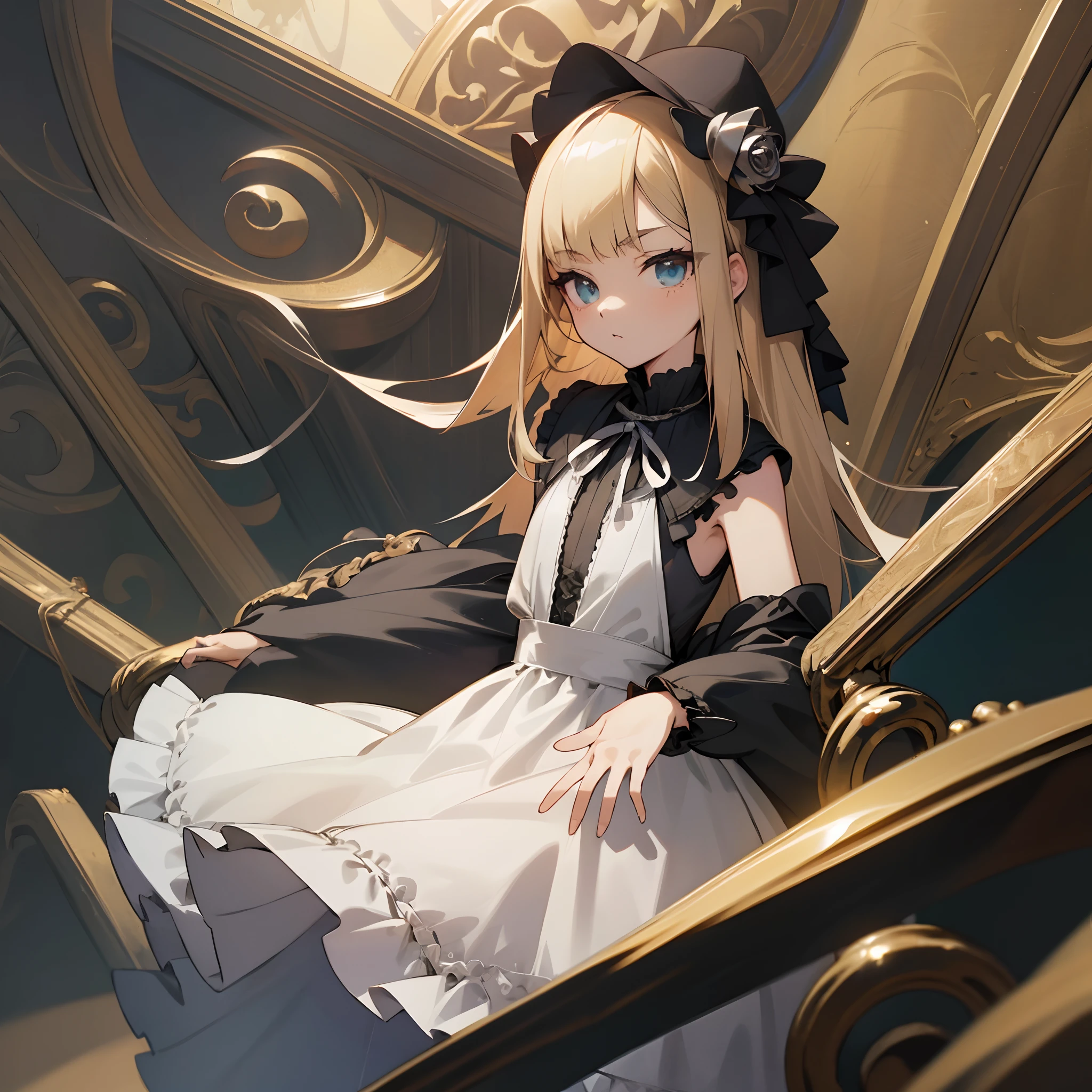 Reines, 1girl, high quality, best quality, illustration, masterpiece, (highly detailed:1.2), (extremely detailed:1.3), flat chest, sleeveless, gothic lolita, young girl, white dress, looking at viewers, short skirt, white, string ribbon, loli