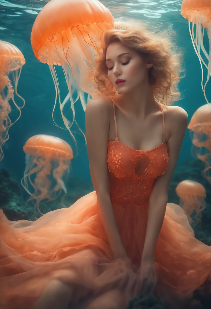 Gorgeous sensual beauty woman, fuck yeah, push-up breast, pinky bra, sexy kawaii, (jellyfish girl:1.2), arms on her perfect tittss, 🤤, underwater landscape, very tight and sticky orange dress, elegant smile ,