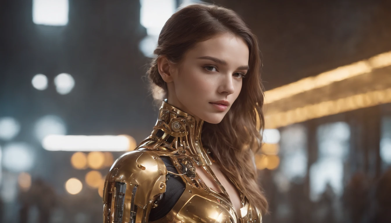 Translucent mechanical girl in fine gold color, Chica futurista, Mechanical joint, Fondo urbano futurista, Estilo modelshoot, (fondo de pantalla CG Unity 8k altamente detallado), Belleza de estilo abstracto,, surrealismo, 8k, Super detailed, La mejor calidad, premiado, Anatomically correct, 16k, Altamente detallado , fullbody