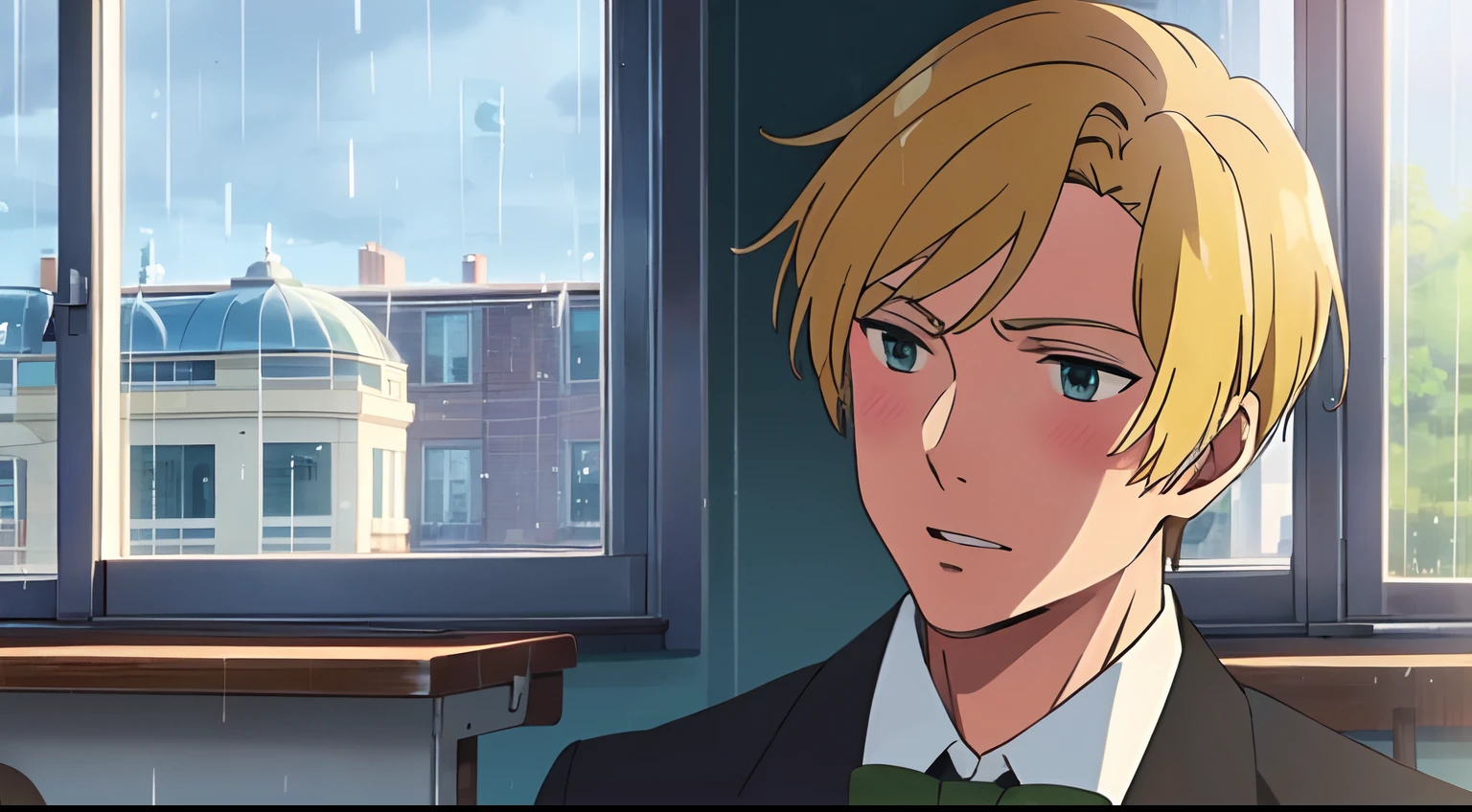 Masterpiece, Best Quality, 1Boy, Blonde hair, green eyes, rain, school uniform, blush, school, classroom, windows, blue sky