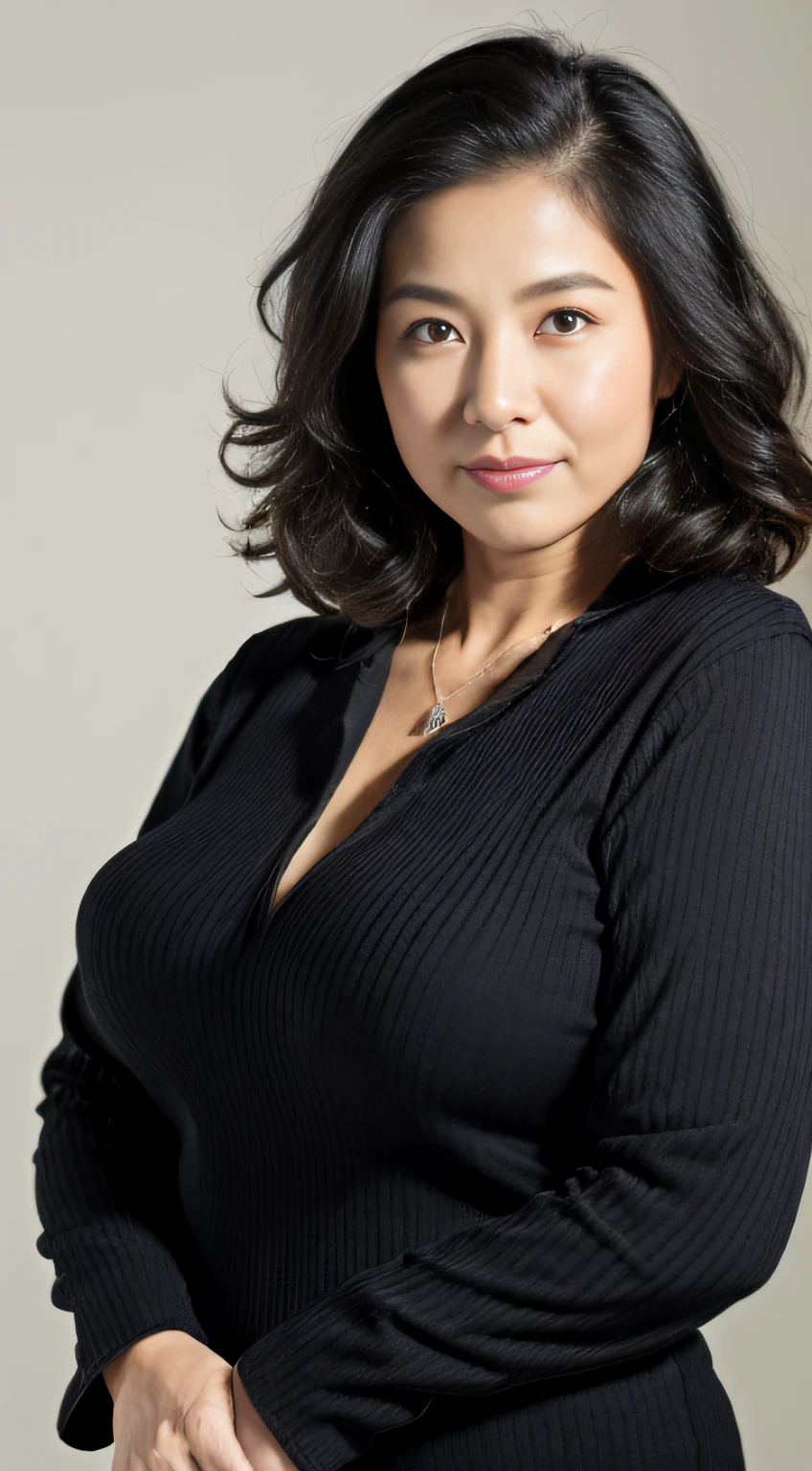 ((Best quality, 8K, Masterpiece, Portrait: 1.3)), (View viewers), Photorealism, Sharp focus, Solo, The Moro Islamic Liberation Front of Japan, Beauty,Wavy hair, Wrinkles at the corners of the eyes, to emphasize, ((Big breasts:1.3))),,30 years old, curlies, (Elegant black shirt, standing on your feet:1.2),((looking at viewert))
