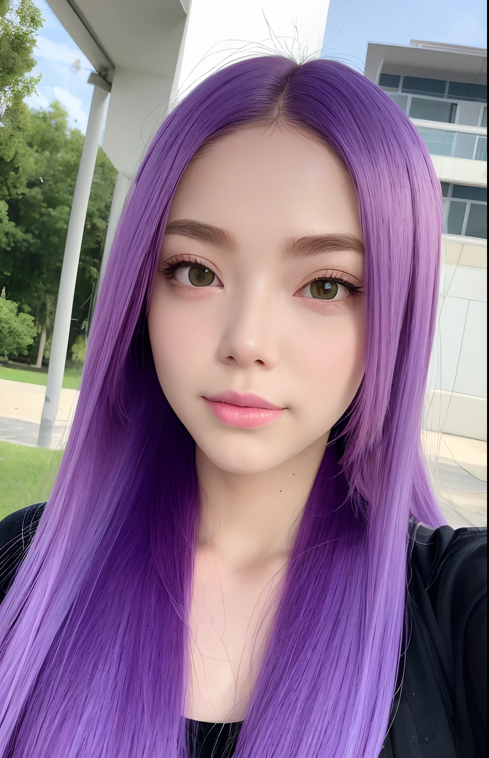 Long purple hair with some red, clear and crystal clear eyes, hair strands, hair blown by the wind, moles in the left and right corners of the eyes, green pupils, clean face, chewing bubbles with bubble gum, jellyfish-like eyes, contact lenses with stars, high detail, anime, modern, anime style, cinematic lighting, ray tracing, close-up, high detail, best image quality, 8K