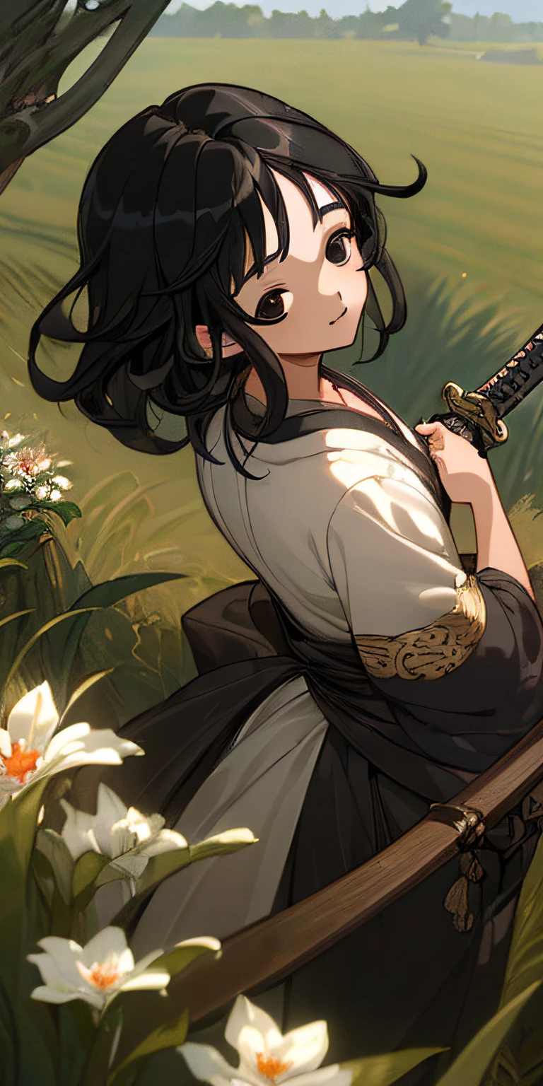 (((masterpiece))), (((best quality))), ((ultra-detailed)), (highly detailed CG illustration), Environmental detail, black eyes, black hair, 1boy, feminine face, happy go lucky, black farmer clothes, swordsman