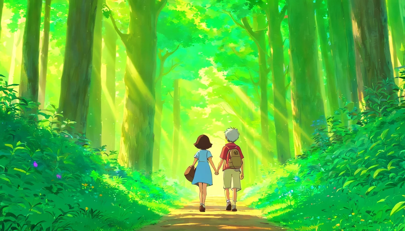 A 7--old l and a 7-year-oly,Waln the dense forest,anime scene, anime big breast,Lush big breasts,John 8K Forest, ghibli animated film, studio ghibli sunlight, ghibli studio anime style, ghibli artstyle, ghibli artstyle, Studio Ghibli Key Vision, in style of ghibli, miyazaki's animated film, style in ghibli anime style, in the studio ghibli anime film,