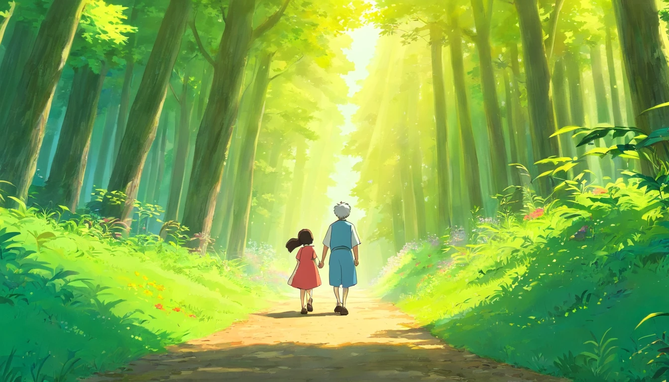 A 7--old l and a 7-year-oly，Waln the dense forest，anime scene, anime big breast，Lush big breasts，John 8K Forest, ghibli animated film, studio ghibli sunlight, ghibli studio anime style, ghibli artstyle, ghibli artstyle, Studio Ghibli Key Vision, in style of ghibli, miyazaki's animated film, style in ghibli anime style, in the studio ghibli anime film,