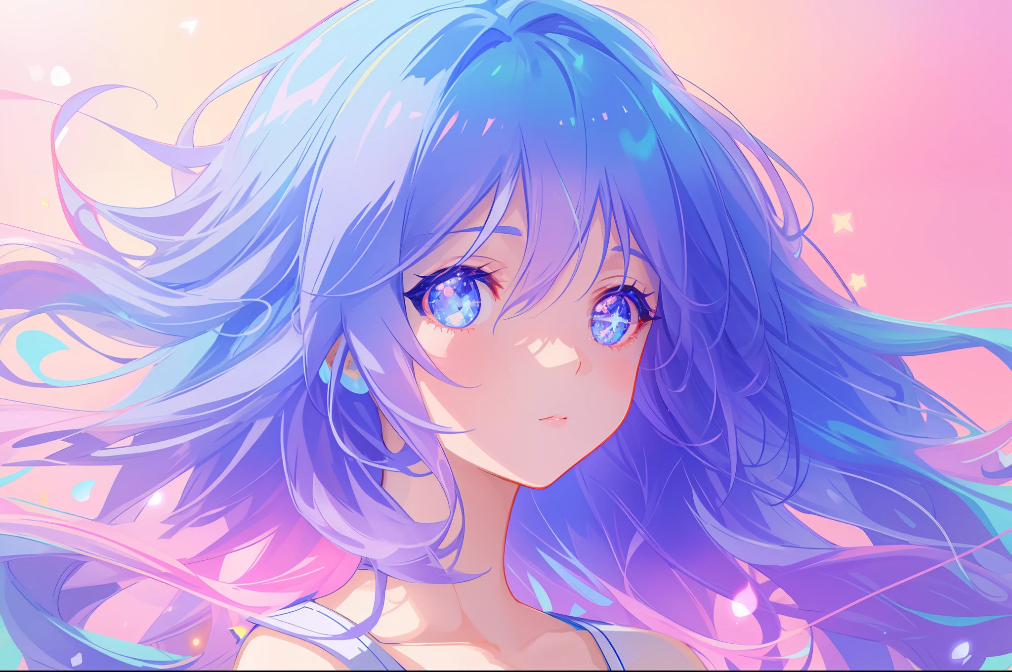 anime, beautiful girl portrait, glowing ethereal hair, anime girl with cosmic hair, beautiful young wind spirit, beautiful anime art style, beautiful digital illustration, inspired by Glen Keane, inspired by Lois van Baarle, disney art style, glowing aura around her, jen bartel, glowing lights, (masterpiece, best quality), sharp focus, 8k resolution, intricate detail, highly detailed, swirling lines of light, magical lights, whimsical, magical, fantasia background, pastel colors, beautiful girl, golden ratio, perfection, beautiful face, sparkling detailed eyes