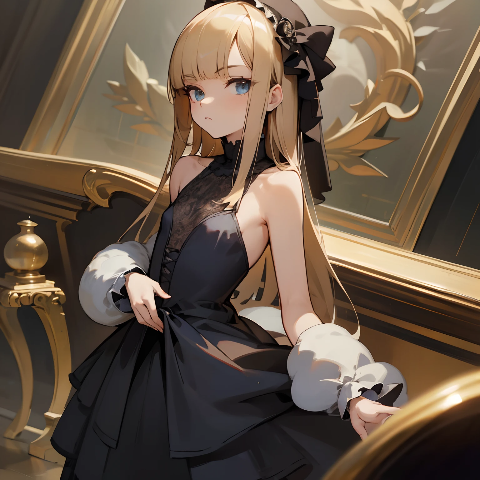 Reines, 1girl, high quality, best quality, illustration, masterpiece, (highly detailed:1.2), (extremely detailed:1.3), flat chest, bare shoulders, gothic lolita, young girl, dress, looking at viewers, loli