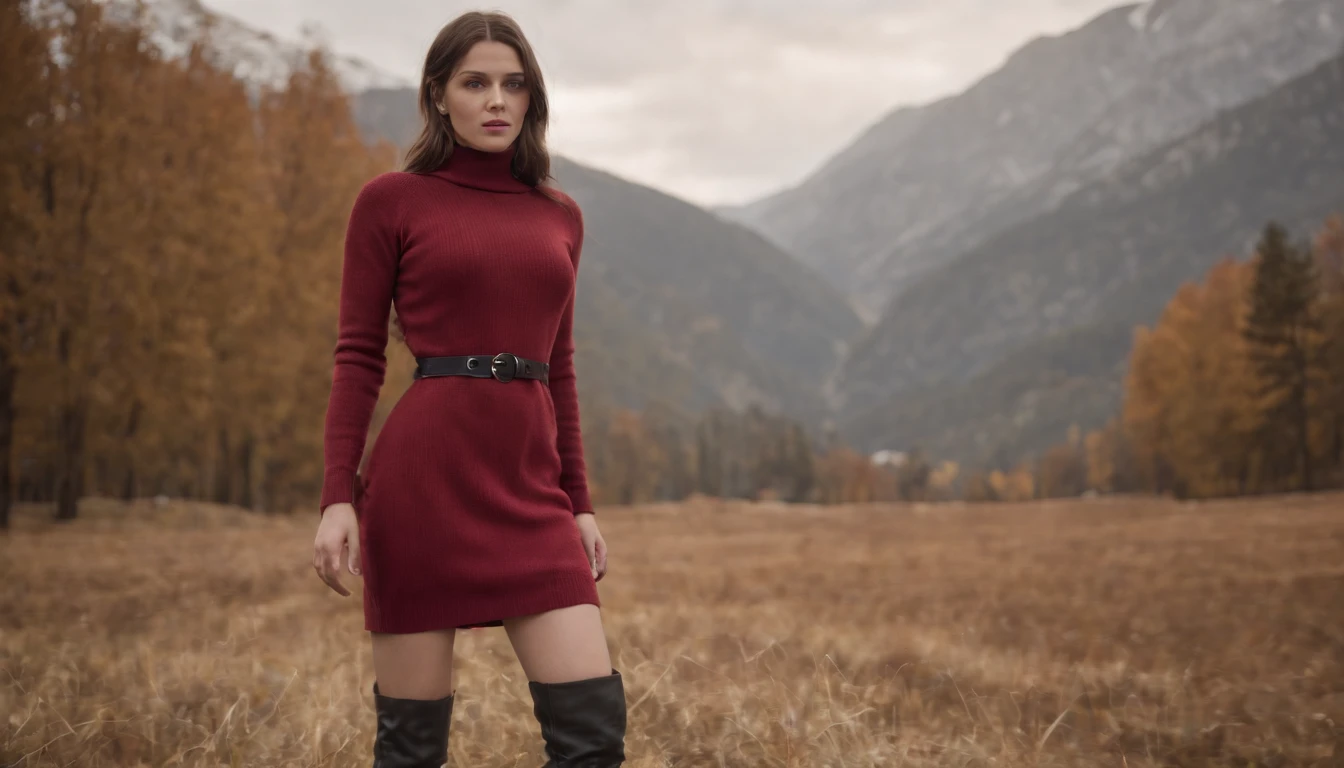 1girl, RE4, red sweater dress, Cuello, Ribbed sweater, Botas altas para muslos, pantimedias negras, harness, La mejor calidad, Obra maestra, ultra-high-resolution, (fotorrealista:1.4), ((1girl, pecho grande))