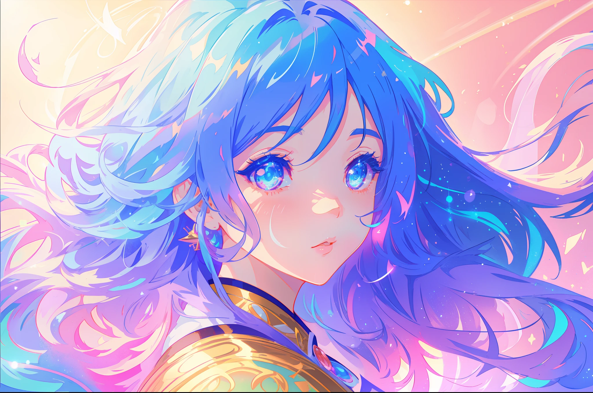 anime, beautiful girl portrait, glowing ethereal hair, anime girl with cosmic hair, beautiful young wind spirit, beautiful anime art style, beautiful digital illustration, inspired by Glen Keane, inspired by Lois van Baarle, disney art style, glowing aura around her, jen bartel, glowing lights, (masterpiece, best quality), sharp focus, 8k resolution, intricate detail, highly detailed, swirling lines of light, magical lights, whimsical, magical, fantasia background, pastel colors, beautiful girl, golden ratio, perfection, beautiful face, sparkling detailed eyes