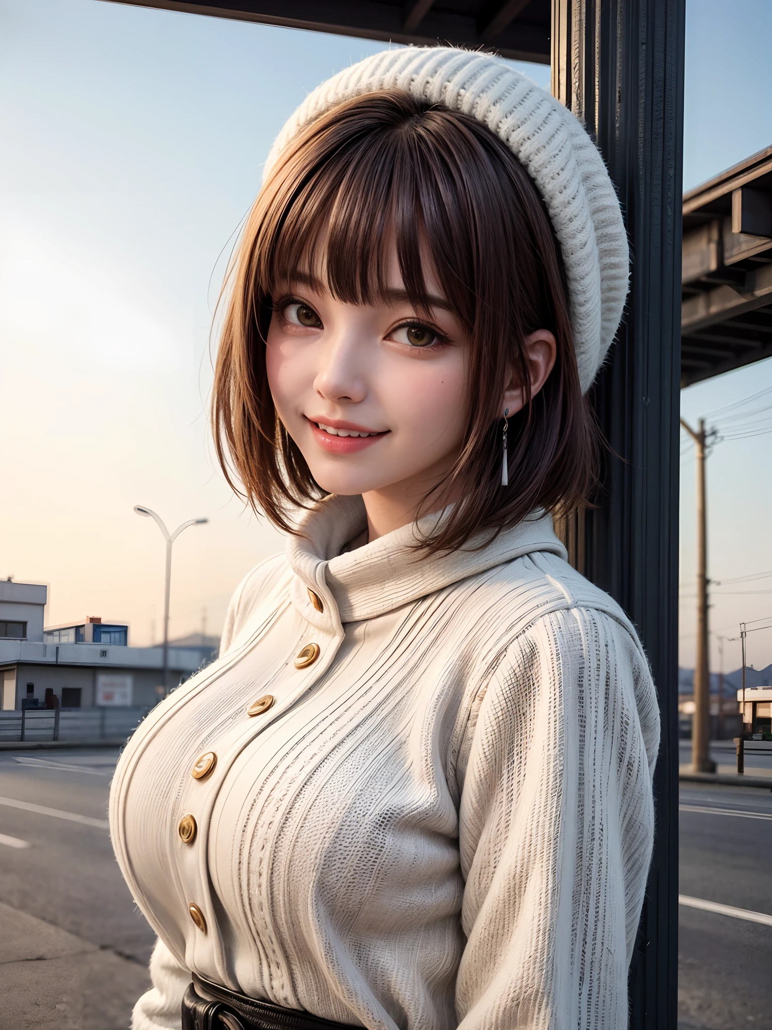 (masterpiece, top-quality、Very attractive adult beauty、Add intense highlights to the eyes),1girl in, 独奏, A dark-haired, scarf, Hats,, realisitic, looking at the viewers, black eyes of light color, shorth hair, coat, Winter clothes, White headscarf, s lips, lipgloss,bangss, The upper part of the body、big eye、Lashes)、((Road system in Italy))、((Shorthair with bangs、big eye、Put very strong highlights in your students、very Bigger breasts、gazing at viewer、Very beautiful beauty、Put your ears out、long neck、little smiling、Beautiful teeth、Open your mouth and smile))、28 year old、Very cute supermodel