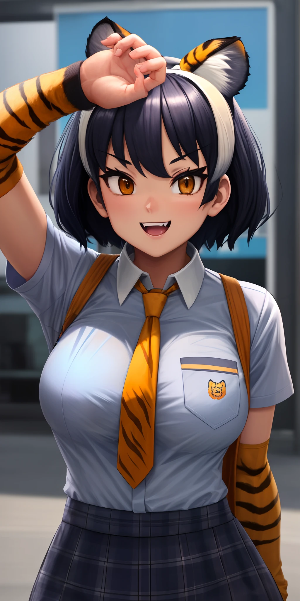 Tiger (kemono_friends), 1girl, animal ears, animal print, black hair, breast pocket, collared shirt, fang, multicolored hair, necktie, orange hair, plaid necktie, plaid trim, pocket, portrait, shirt, short hair, short sleeves, solo, tiger ears, tiger print, white hair, yellow eyes