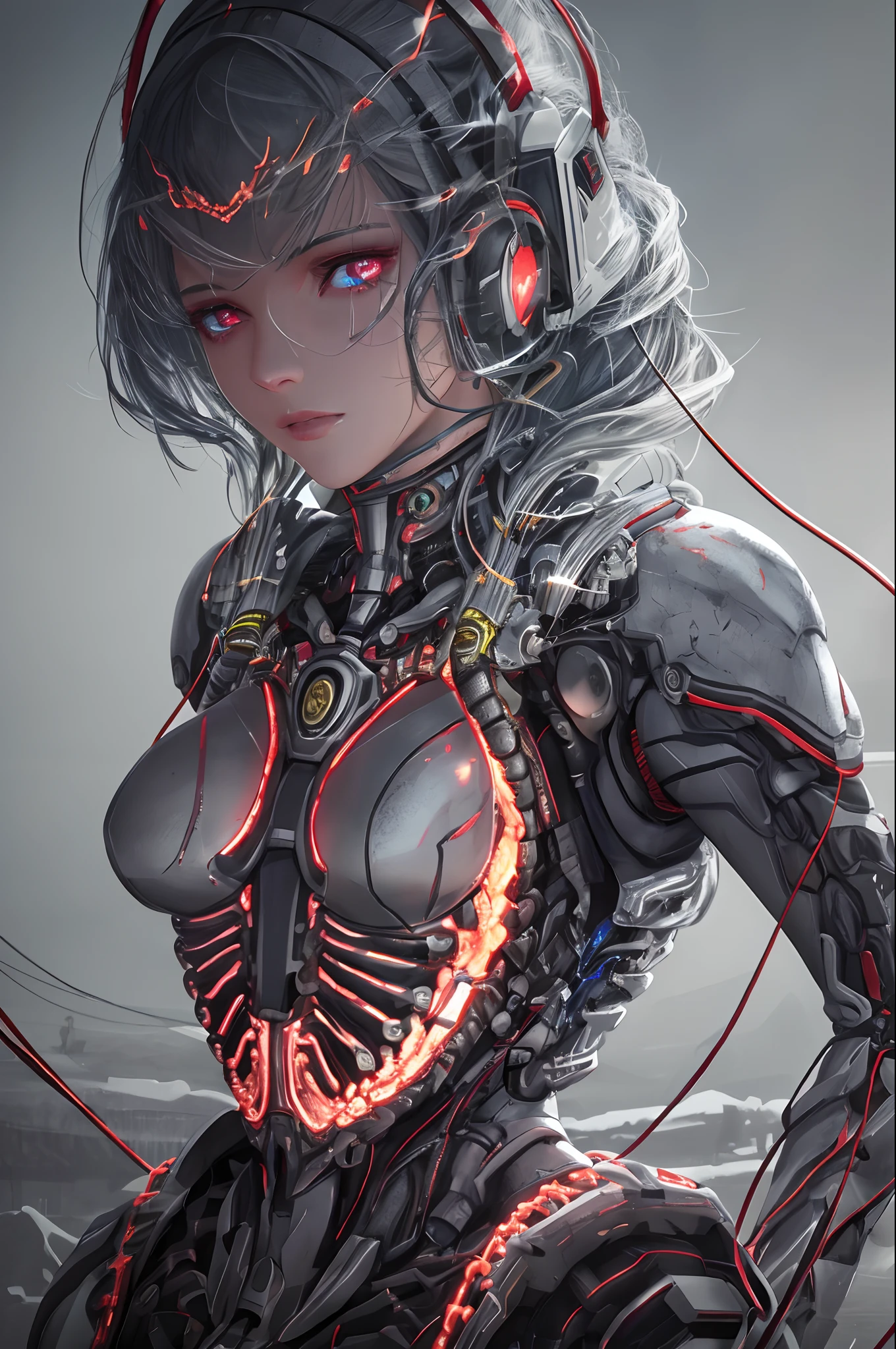 1mechanical girl,((ultra realistic details)), portrait, global illumination, shadows, octane render, 8k, ultra sharp,metal,intricate, ornaments detailed, cold colors, egypician detail, highly intricate details, realistic light, trending on cgsociety, glowing eyes, facing camera, neon details, machanical limbs,blood vessels connected to tubes,mechanical vertebra attaching to back,mechanical cervial attaching to neck,sitting,wires and cables connecting to head