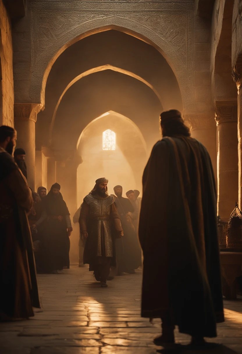 Generate an image illustrating the moment when Saladin grants amnesty to the Christians in Jerusalem after his conquest, emphasizing his wisdom and mercy.