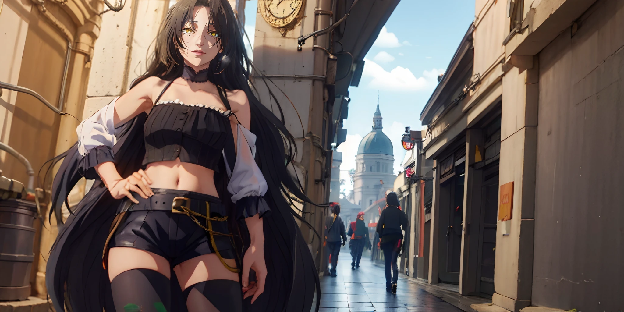 , (long hair, black hair:1.6), yellow eyes, sweating, choker, 1girl, thighhighs, belt, navel, breasts, midriff, cleavage, shorts, hand_on_hip, standing, solo, day, black_legwear, medium_breasts, looking_at_viewer, weapon, long_sleeves, thigh_strap, sky, building, glow effects, godrays, Hand drawn, render, 8k, octane render, cinema 4d, blender, dark, atmospheric 4k ultra detailed, cinematic, Sharp focus, big depth of field, Masterpiece, colors, 3d octane render, 4k, concept art, trending on artstation, hyperrealistic, Vivid colors, extremely detailed CG unity 8k wallpaper, trending on CGSociety, Intricate, High Detail, dramatic"",
