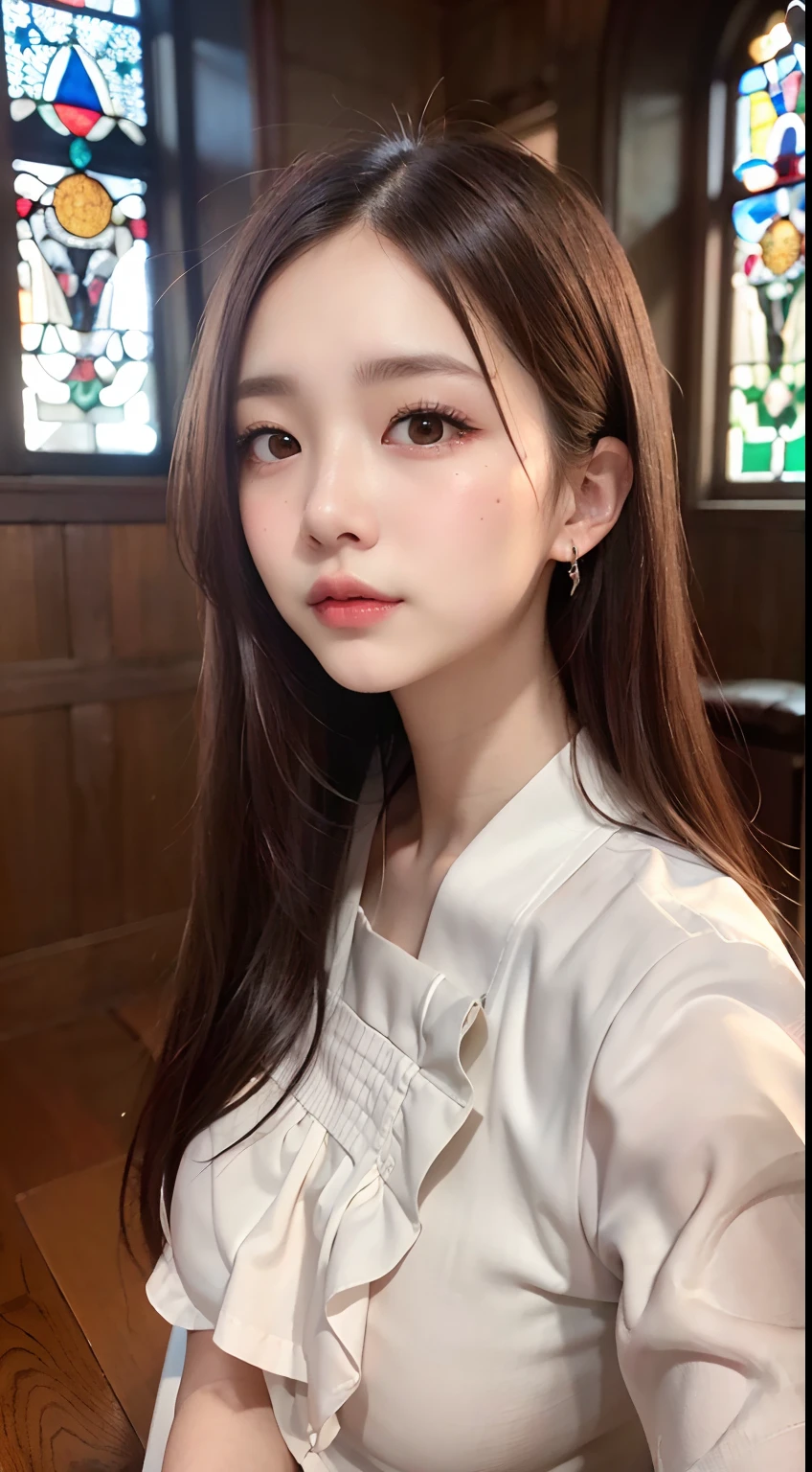 (The background is a monastery:1.3, Beautiful stained glass:1.3), (64k, RAW photo, best quality, masterpiece:1.4), (realistic, photo-realistic:1.3), 20 years old girl, (white shirt:1.3), (frilled miniskirt:1.3), ultra detailed face and eyes, ((full body shot: 1.2)), especially strong light, (upper eyes), shiny skin, (dark brown hair, high pony-tail hair:1.2), (thick thighs), (flash:1.2), ((seductive posture: 1.2, attractive: 1.2)), ((good anatomy: 1.2)), perfect face:1.2, break, (During sex:1.3), (Having sex with man:1.3), ((penis into vagina:1.3)), ((A dildo-vibrator is inserted into a own vagina:1.3)), Straddling a man, Cowgirl, (high angle shot:1.2), small breasts:1.2, small hip:1.2, break, (closed eyes:1.5, shy-face, Open your mouth wide to the maximum)), makeup, orange lipgloss, with blush cheeks, Detailed teeth, full of sweat, a necklace, piercings, Bracelet, Shot from a little distance