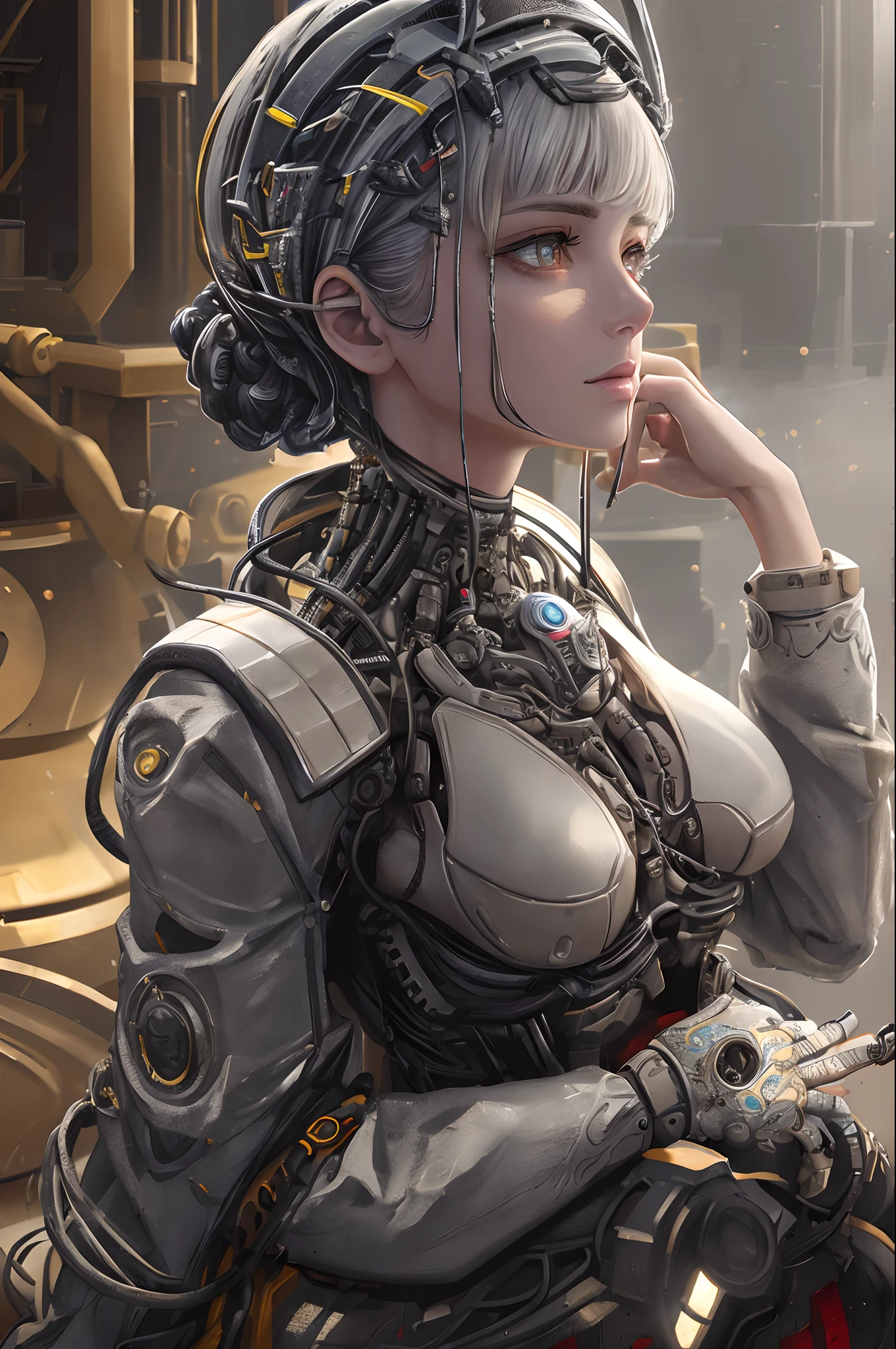 1mechanical girl,((ultra realistic details)), portrait, global illumination, shadows, octane render, 8k, ultra sharp,metal,intricate, ornaments detailed, cold colors, egypician detail, highly intricate details, realistic light, trending on cgsociety, glowing eyes, facing camera, neon details, machanical limbs,blood vessels connected to tubes,mechanical vertebra attaching to back,mechanical cervial attaching to neck,sitting,wires and cables connecting to head