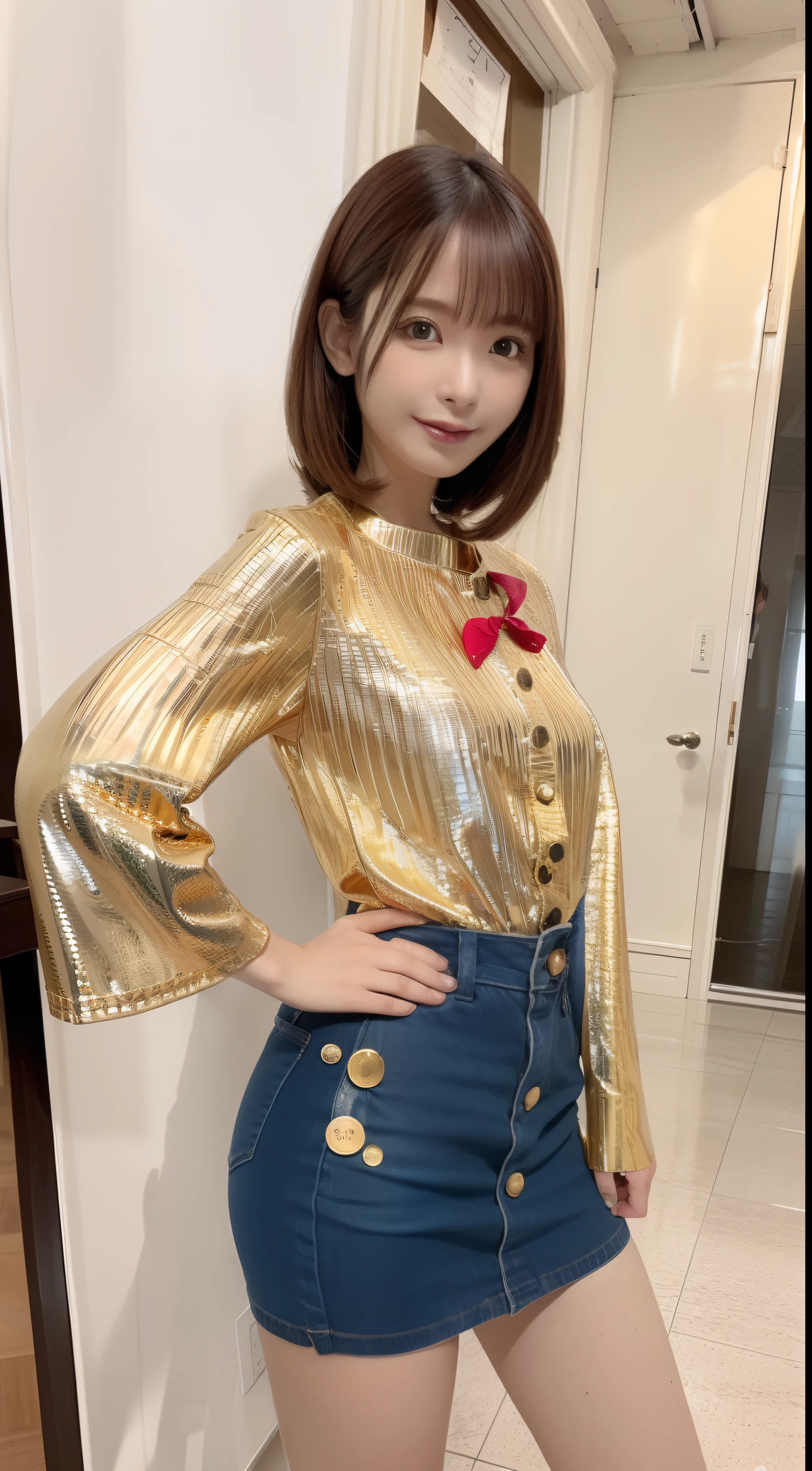 (Photorealsitic:1.4)、one-girl、(top-quality)、(com rosto detalhado)、(Super well-formed face)、(Silver)、(full bodyesbian)、(Moe Pose)、(Slender body)、(Model body type)、(is looking at the camera)、(brunette color hair)、(10Head and body)、(a small face)、(heartthrob)、(frontage)、(Stand with your legs spread)、(Hands on hips)、(Photo session)、(Looks sad)、(Gold button)、(sleeve less)、(A miniskirt)