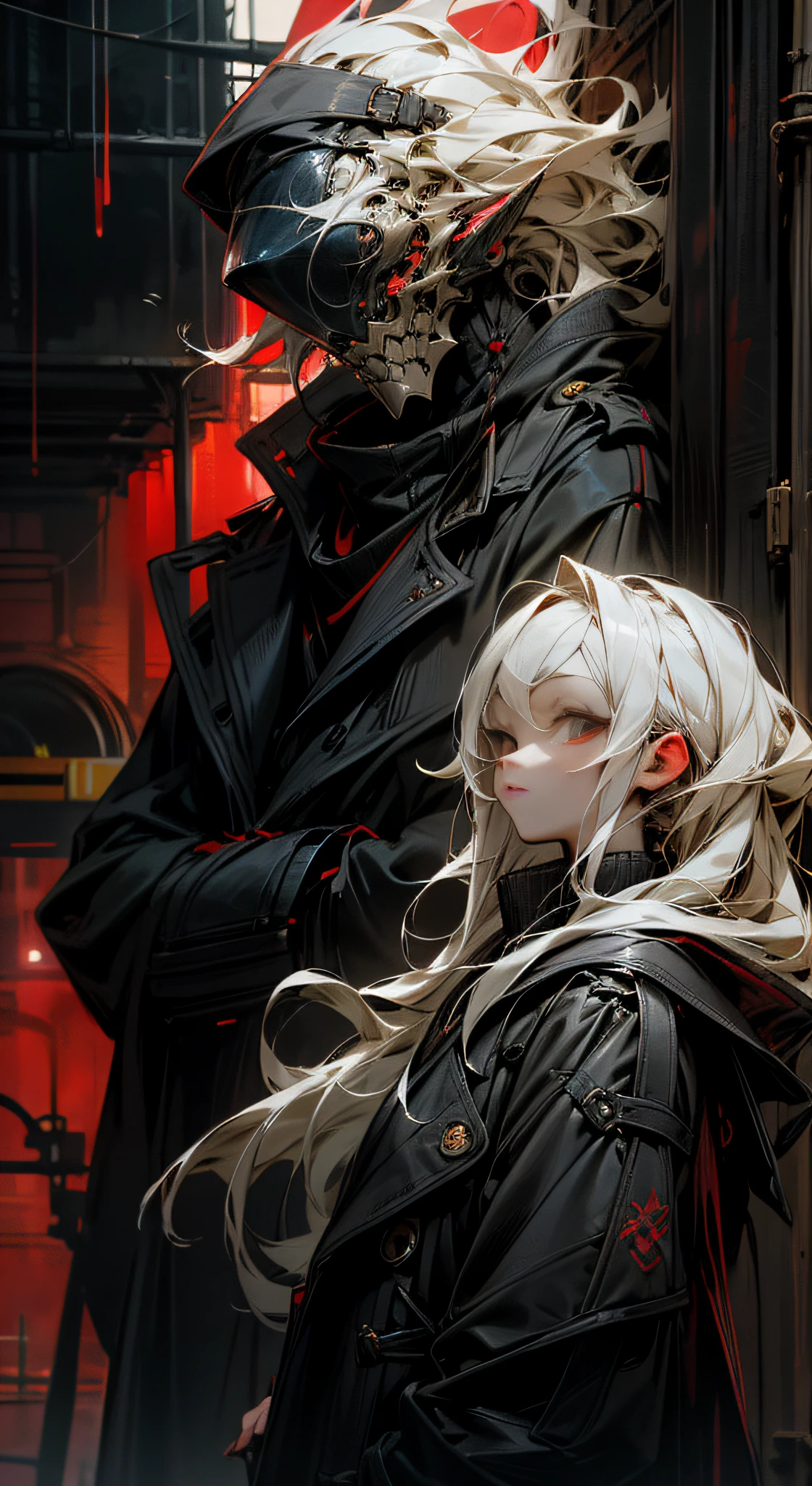 Anime shoujo,Canary anthropomorphism,Master masterpieces,a black trench coat,red color eyes,White color hair,long whitr hair,solo person,urban backdrop(covert),