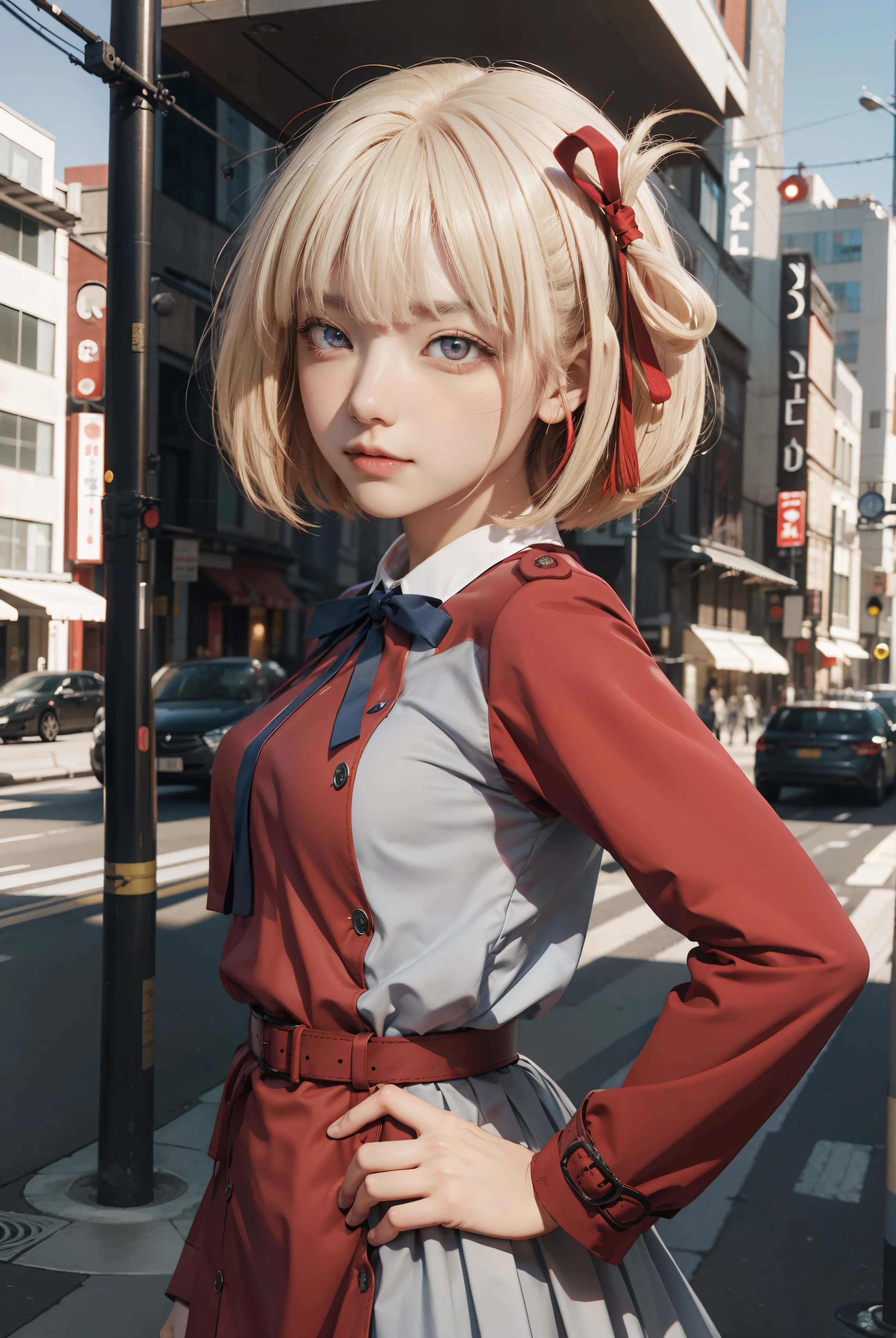 chisatonishikigi, nishikigi chisato, short hair, bangs, blonde hair, (red eyes:1.5), hair ribbon, one side up, bob cut,
BREAK shirt, long sleeves, dress, ribbon, white shirt, collared shirt, belt, neck ribbon, red dress, blue ribbon, pleated dress, grey dress, two-tone dress, red belt, lycoris uniform,,
BREAK outdoors, city,
BREAK looking at viewer, BREAK (masterpiece:1.2), best quality, high resolution, unity 8k wallpaper, (illustration:0.8), (beautiful detailed eyes:1.6), extremely detailed face, perfect lighting, extremely detailed CG, (perfect hands, perfect anatomy),